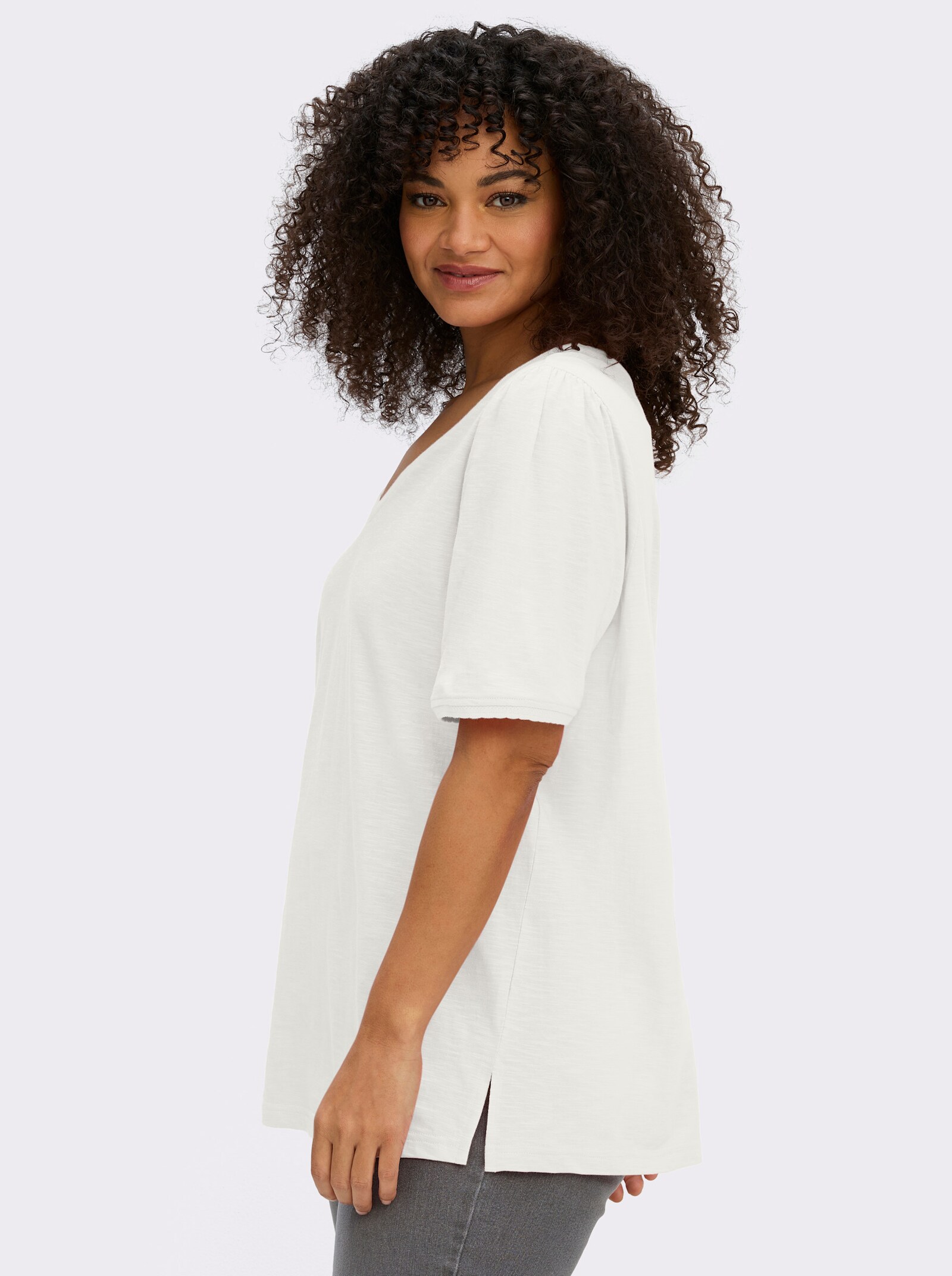 sheego V-Shirt in Flammgarn-Struktur - ecru