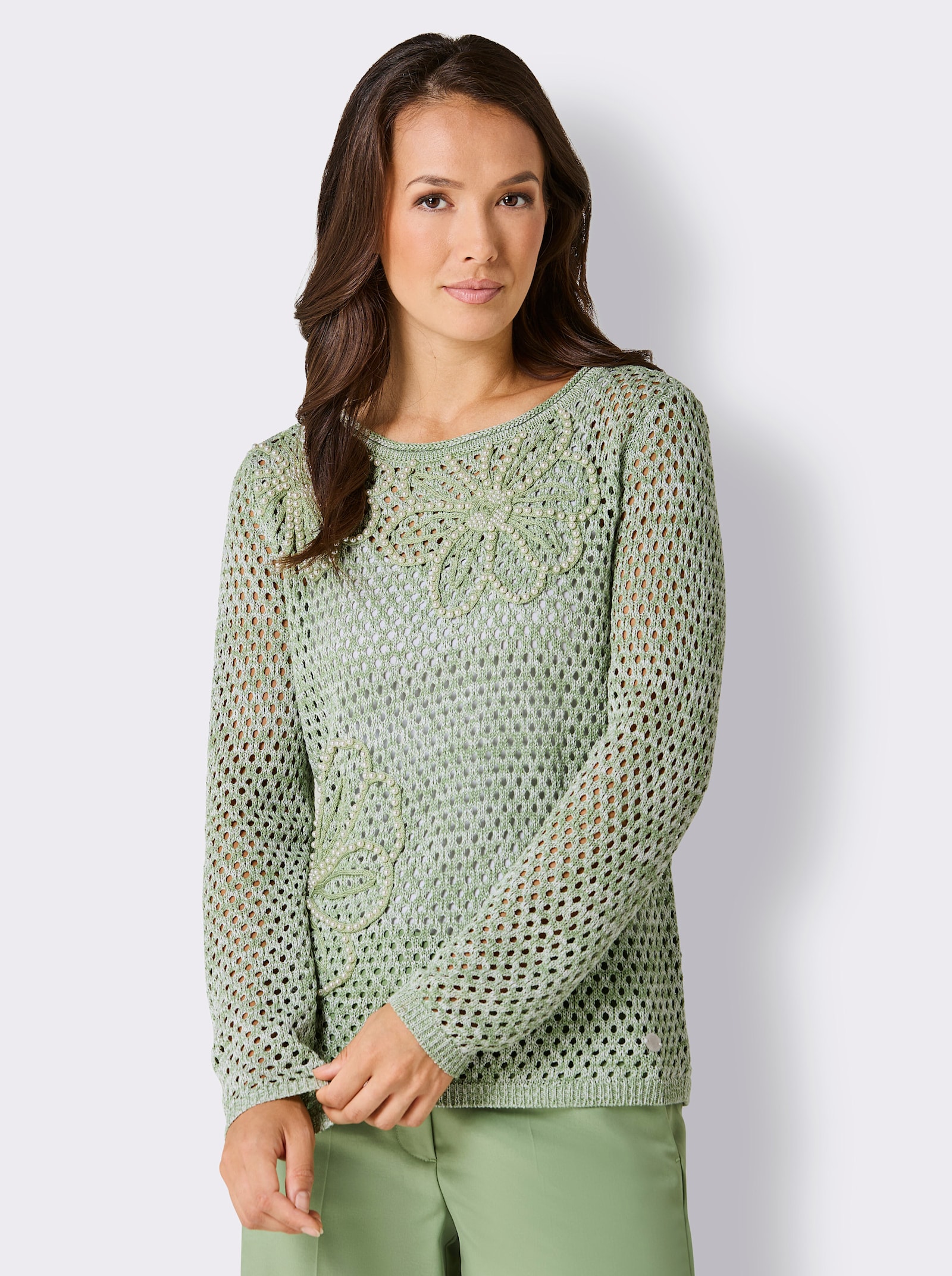 CREATION L PREMIUM Ajourpullover mit Leinen-Anteil - eucalyptus-ecru-meliert