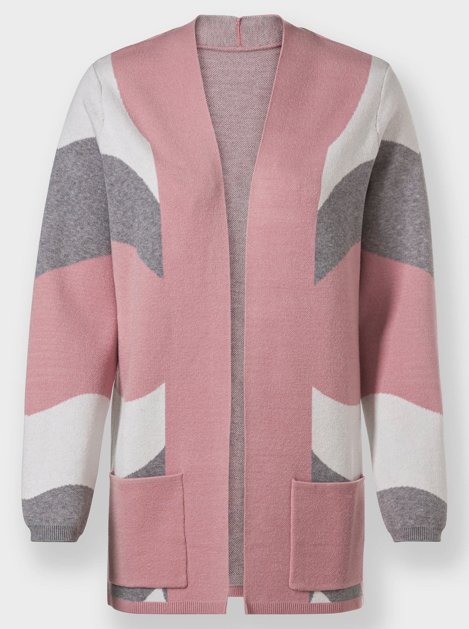 Jacquardstrickjacke in offener Longform - hortensie-steingrau-gemustert