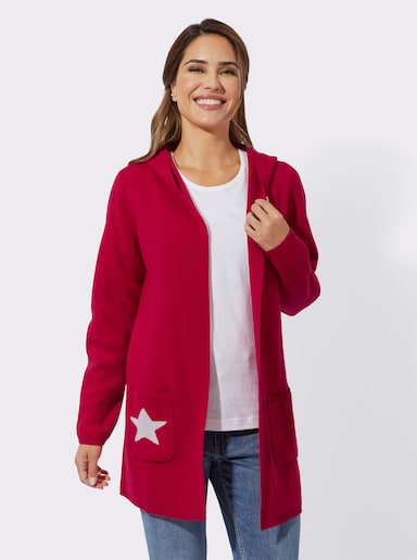 Longstrickjacke mit Schriftzug - rot-gemustert