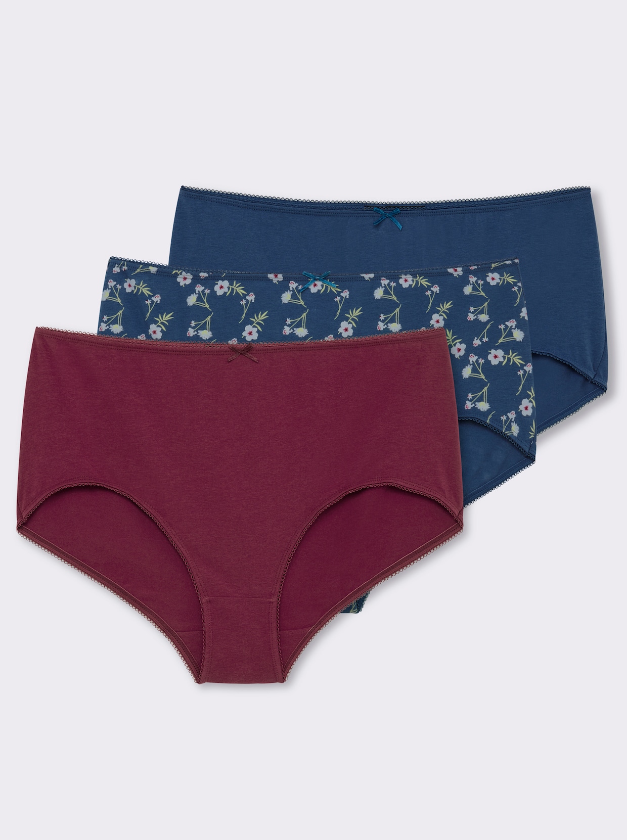 wäschepur Taillenslip mit Mäusezähnchen-Spitze - 2x rauchblau-bedruckt + 1x rauchblau + 1x bordeaux