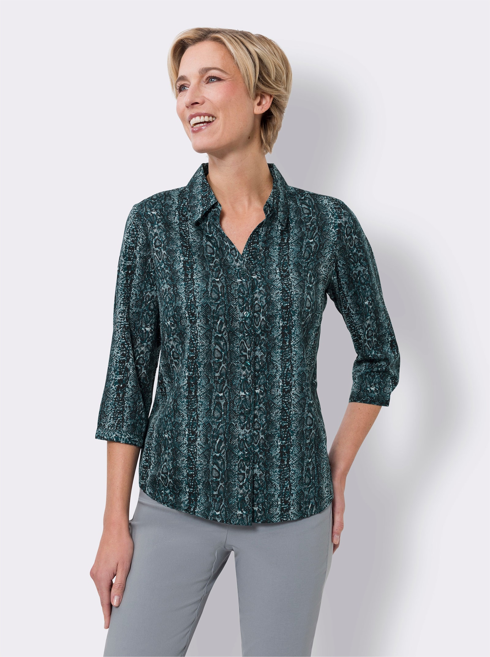Druckbluse mit Reptil-Muster - petrol-mint-bedruckt