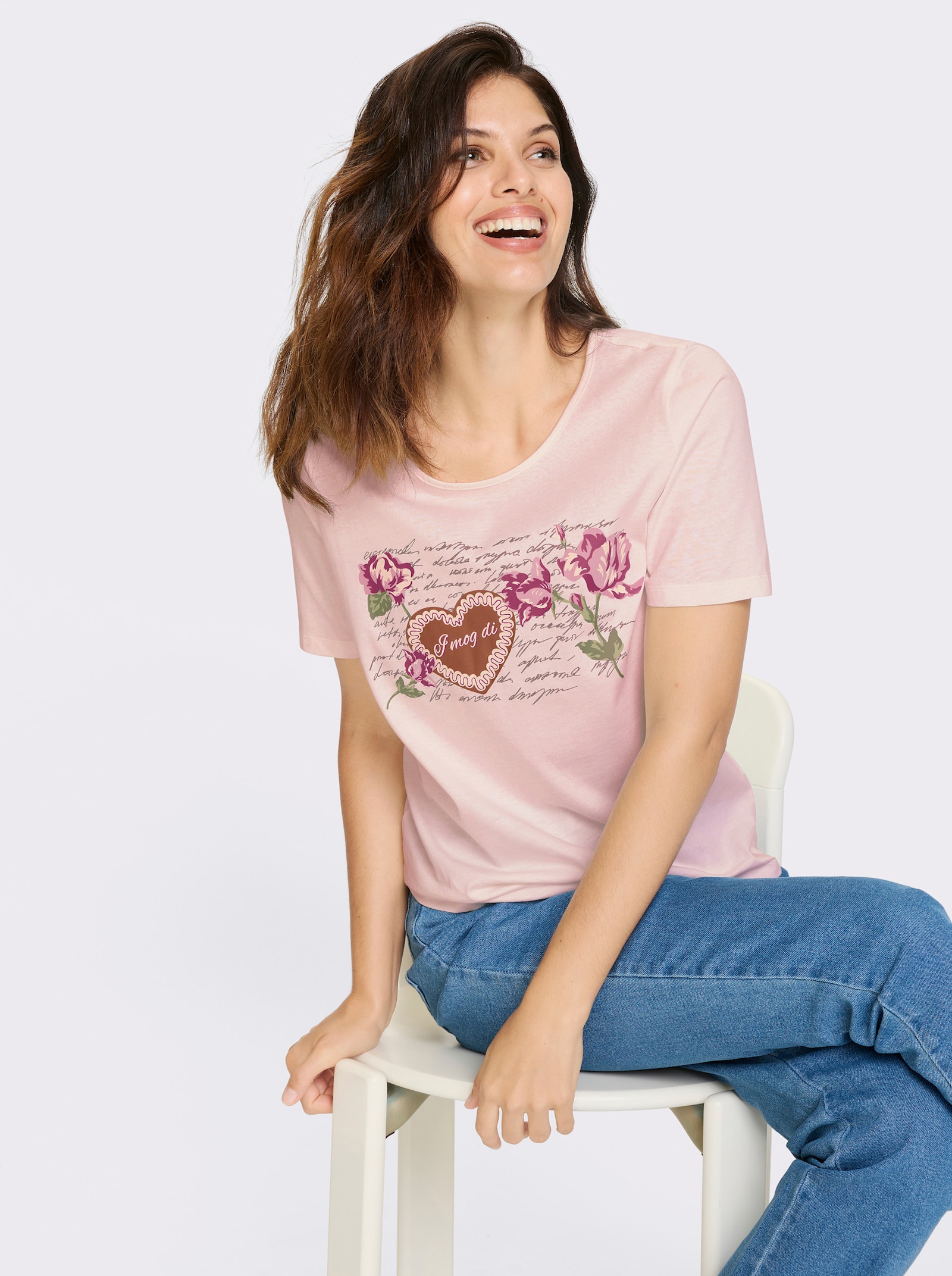 Klasické tričko, kvetová potlač - Svetloružová-staroružová