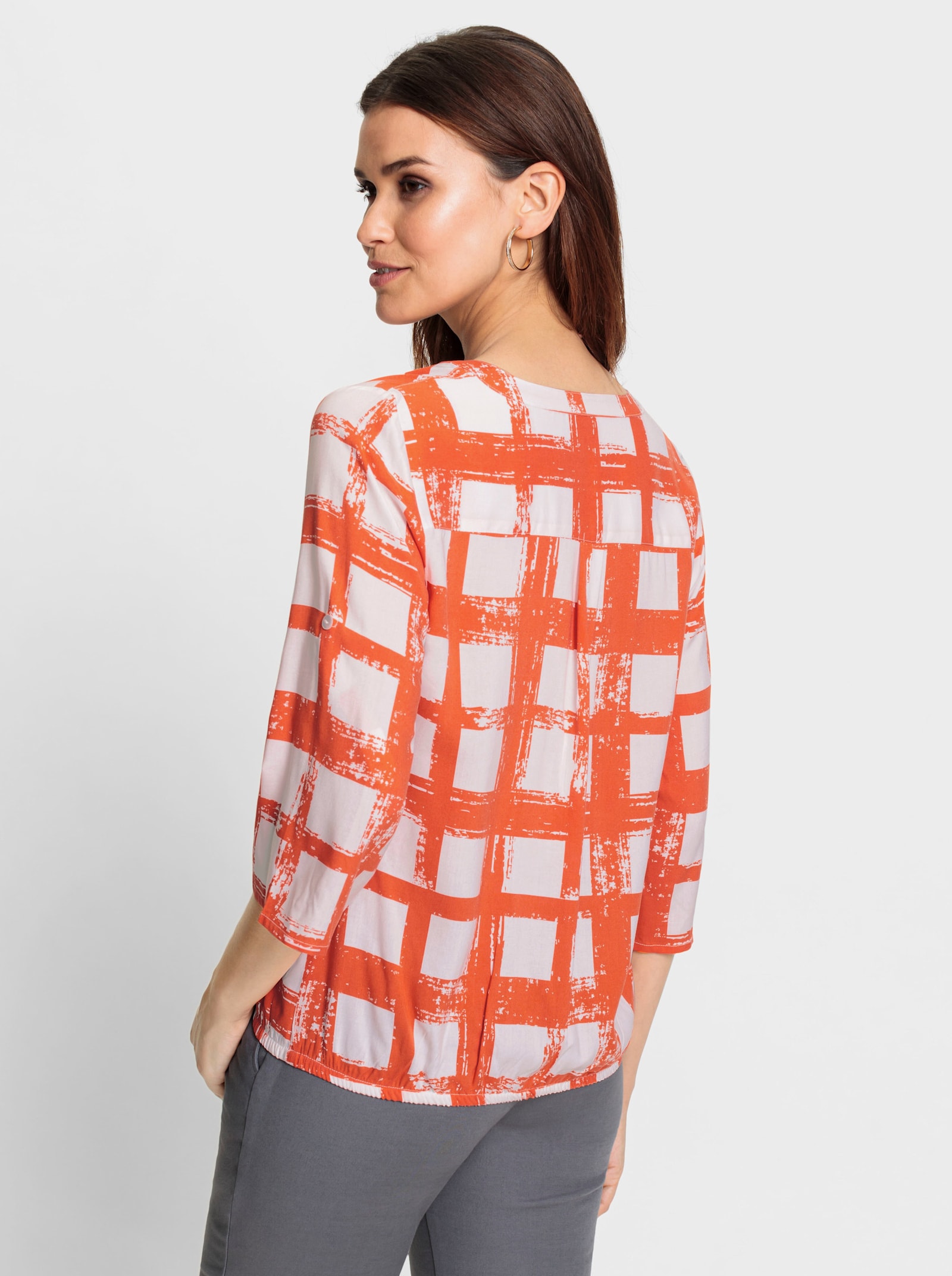Comfortblouse met opstroopbare mouwen - oranje/wit bedrukt