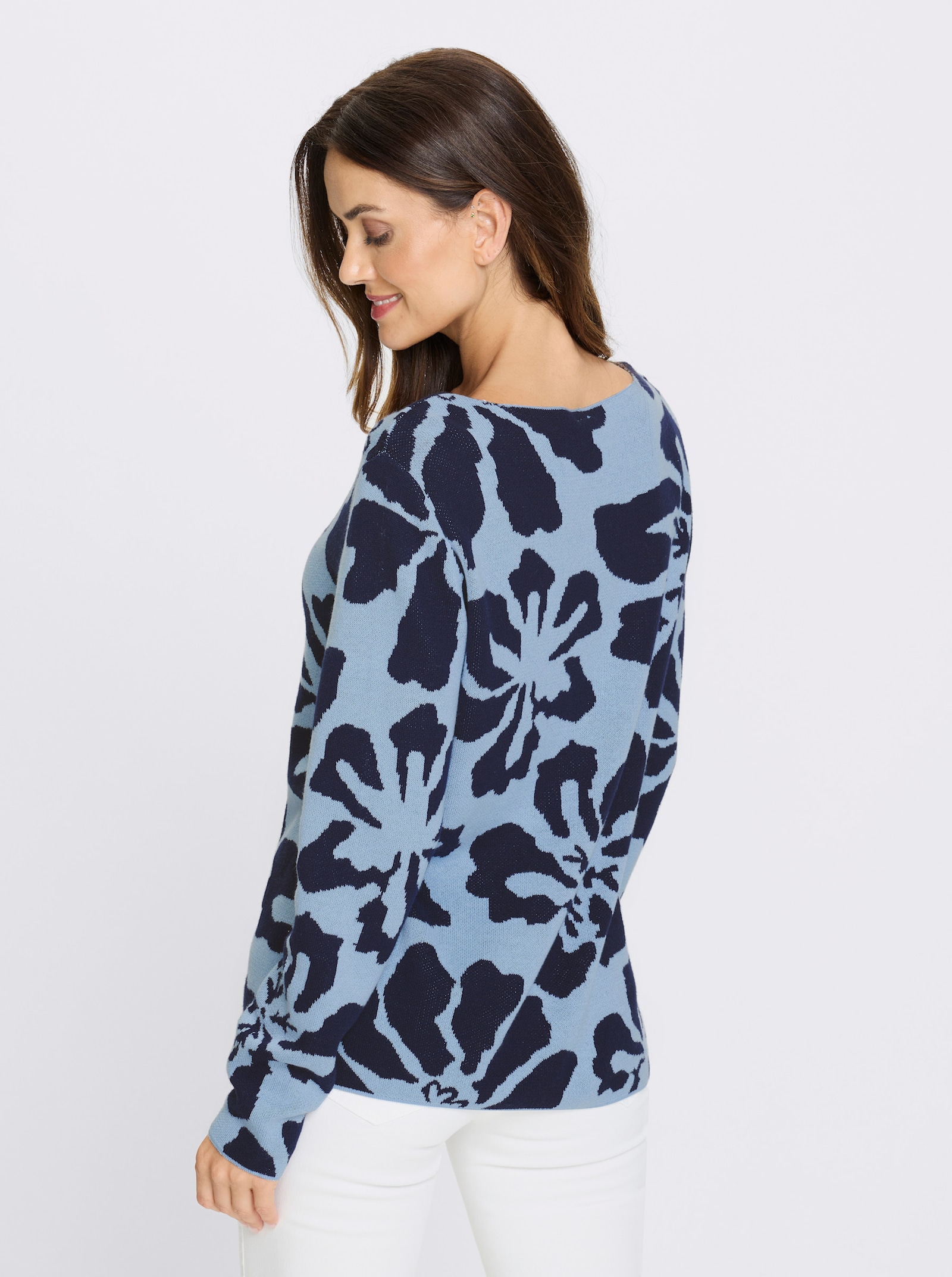 heine Jacquard-Pullover mit Blüten-Dessin - eisblau-marine-gemustert