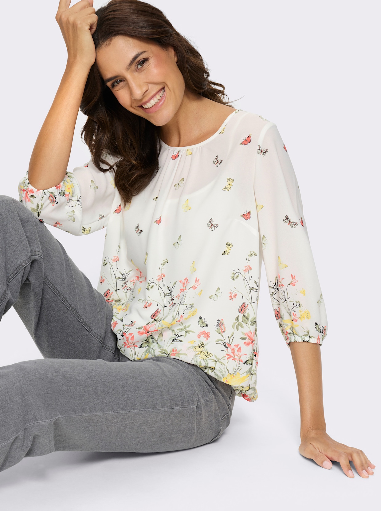 Druckbluse - ecru-khaki-bedruckt