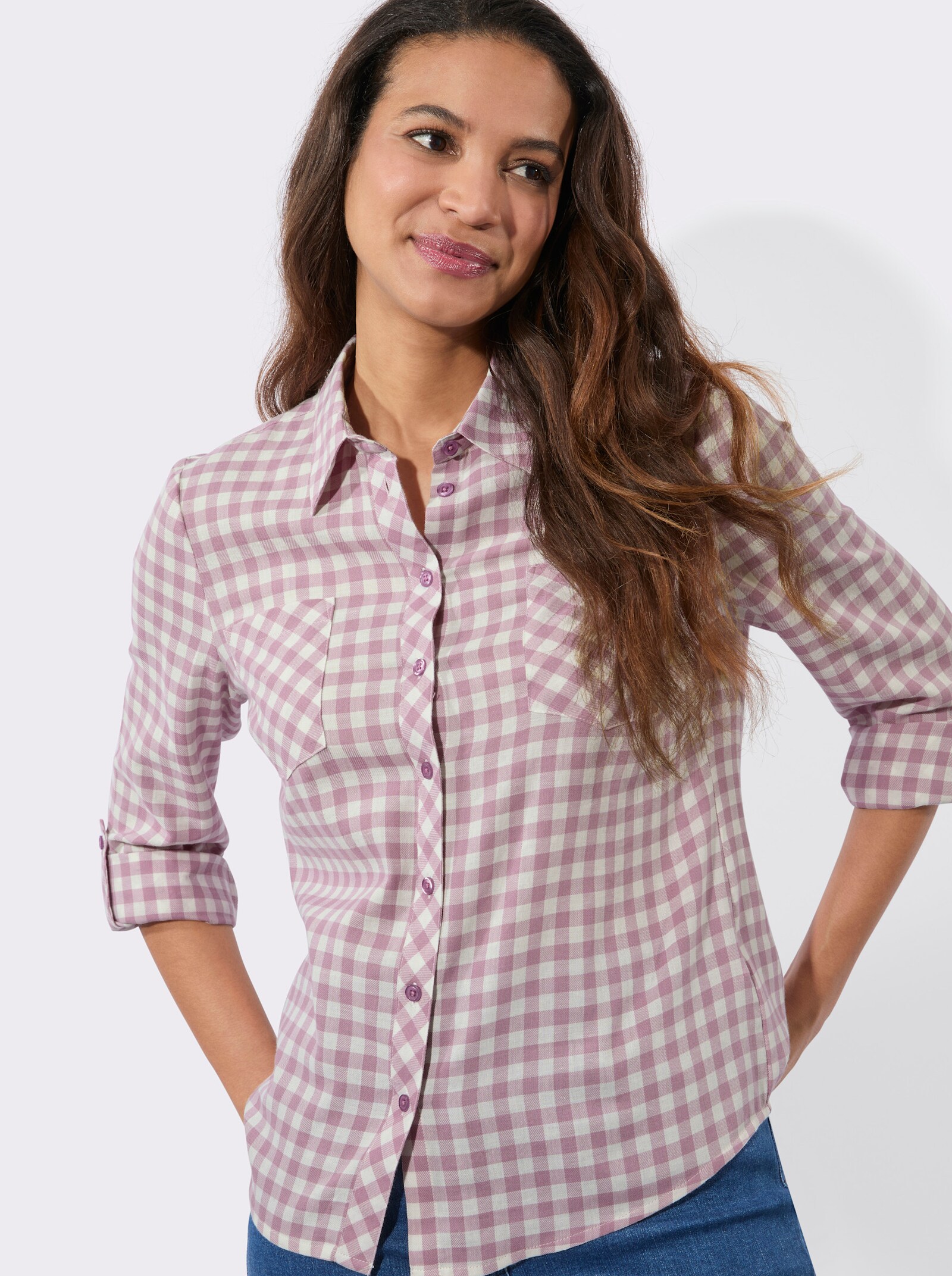 Flanellbluse im Karo-Dessin - mauve-ecru-kariert