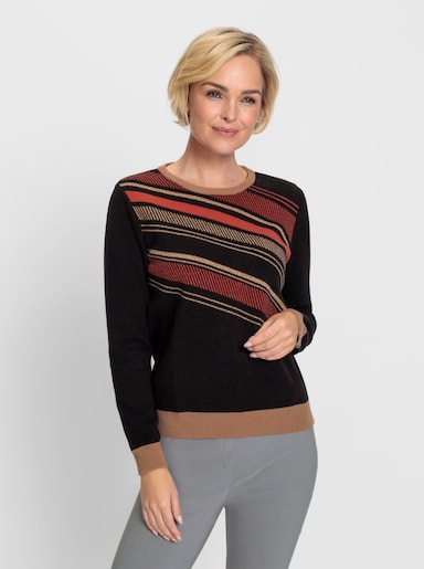 Rundhalspullover mit Glanzgarn - schwarz-camel-gemustert