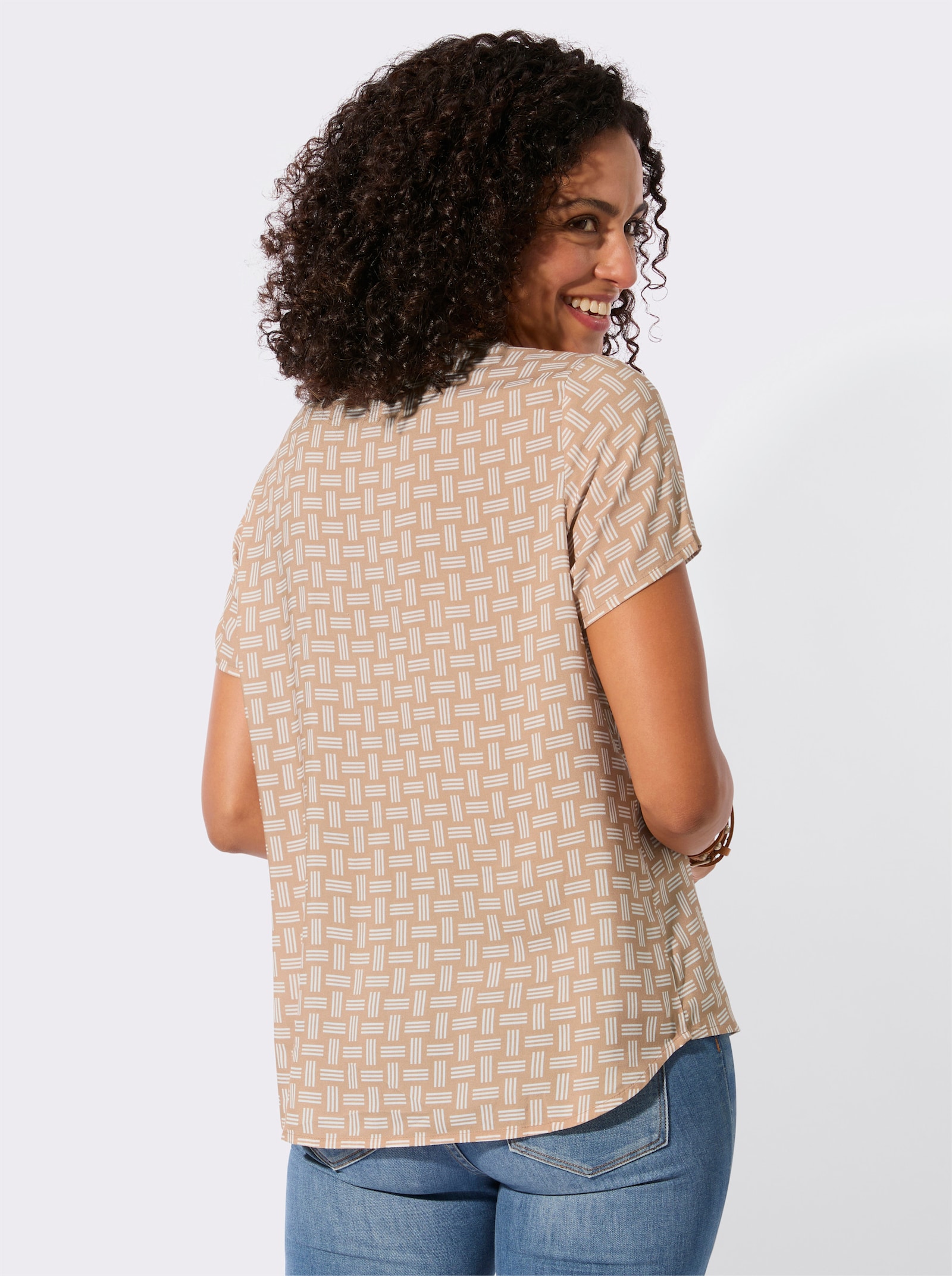 Druckbluse mit abgerundetem Saum - camel-ecru-bedruckt