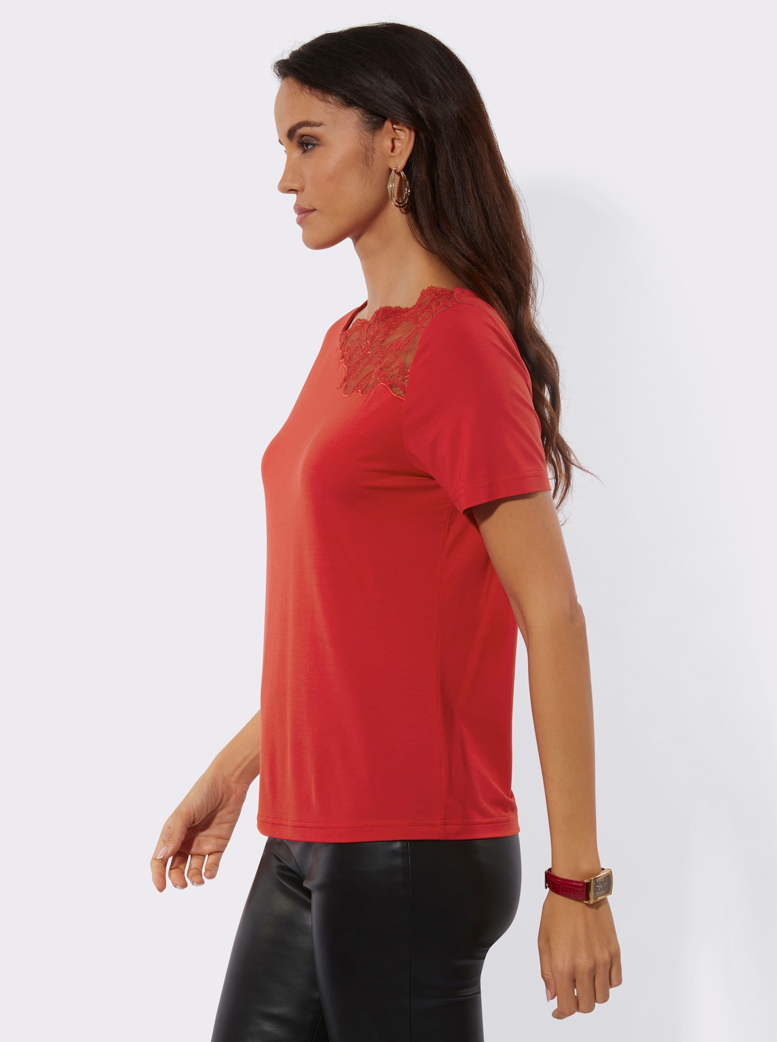  Kurzarmshirt mit asymmetrischem Spitzen-Einsatz - rot