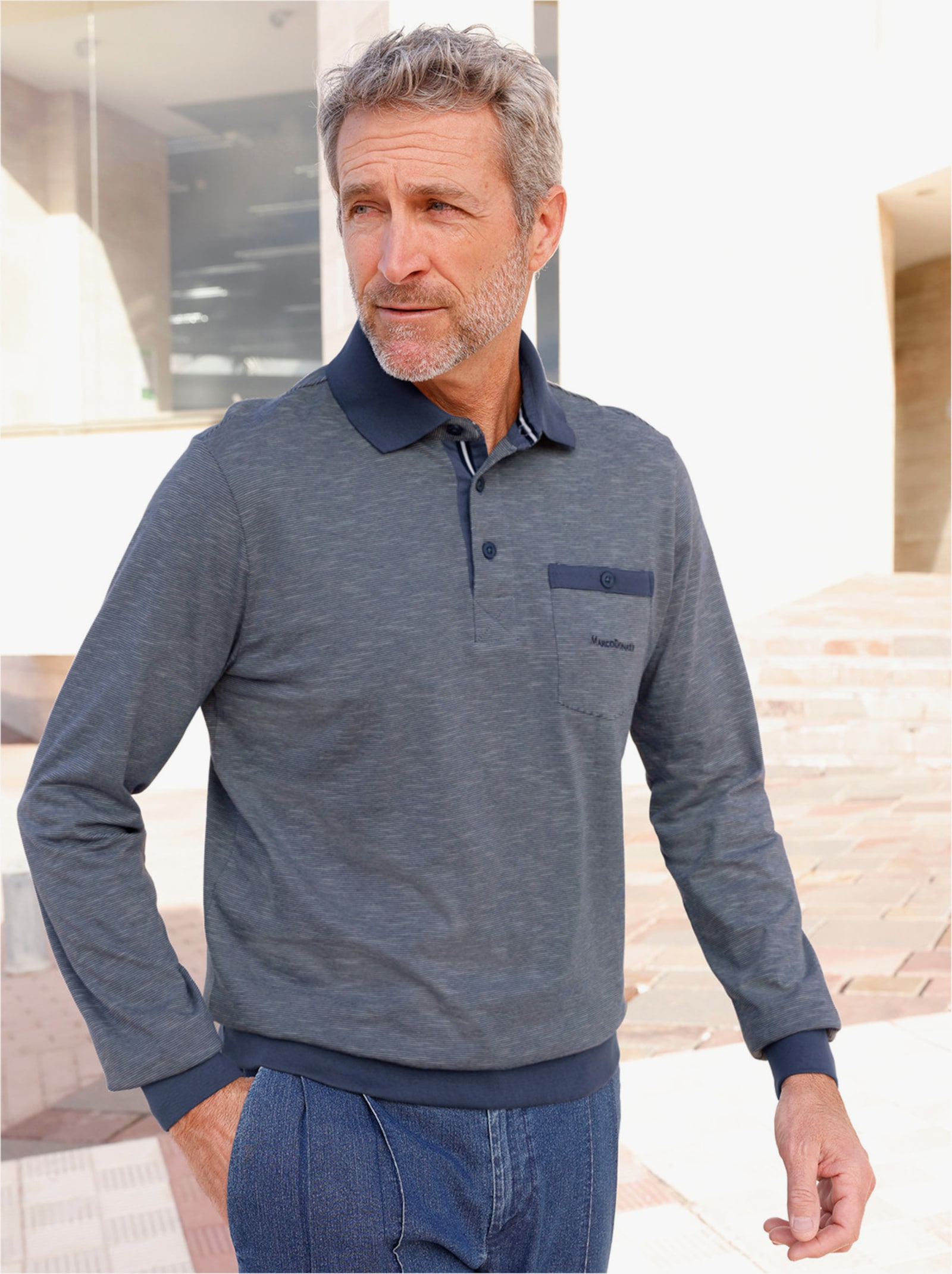 Marco Donati Langarm-Poloshirt im Streifendessin allover - rauchblau-gestreift