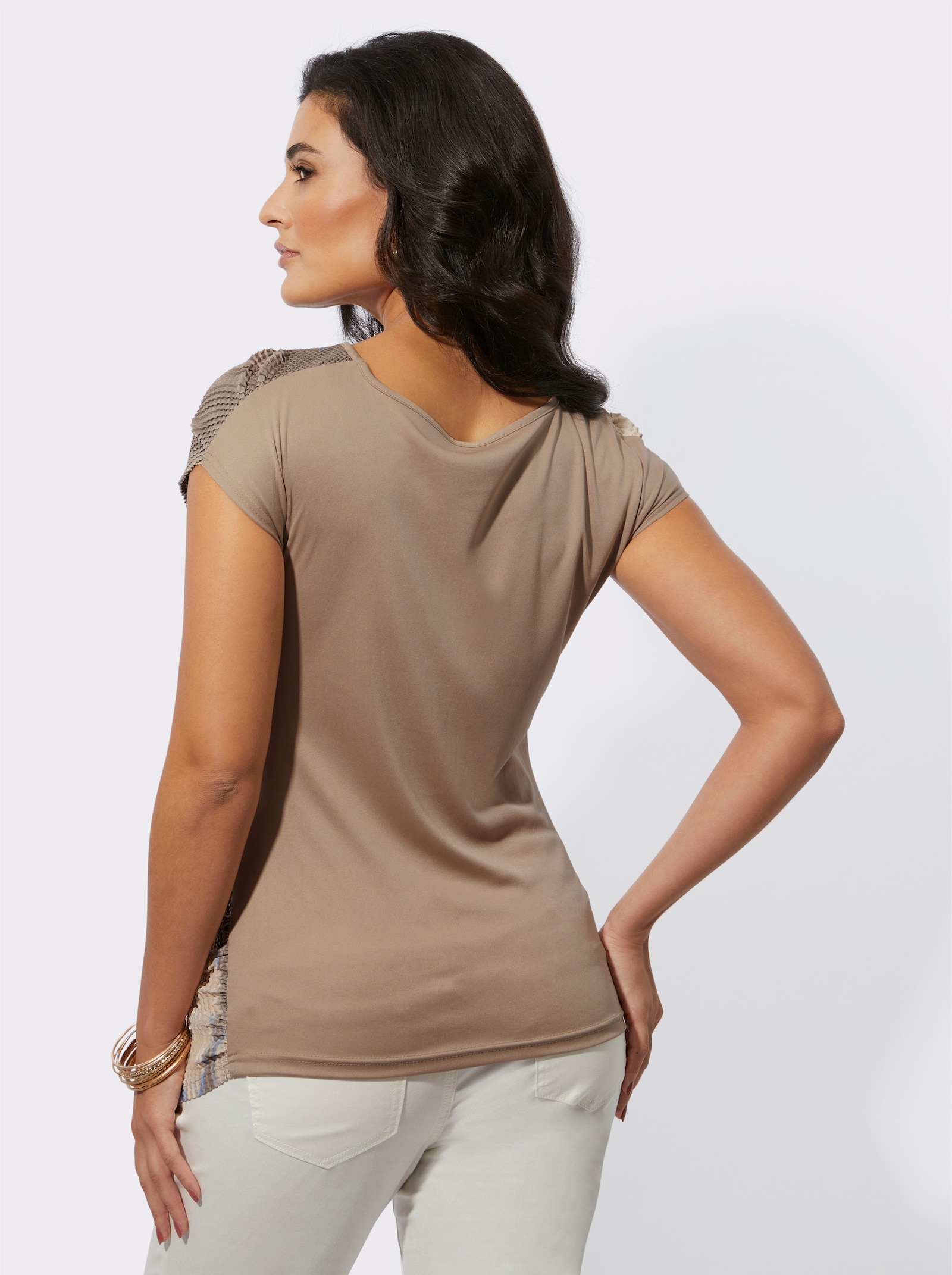 Print-Shirt mit breitem Rundhals-Ausschnitt - champagner-beige-bedruckt