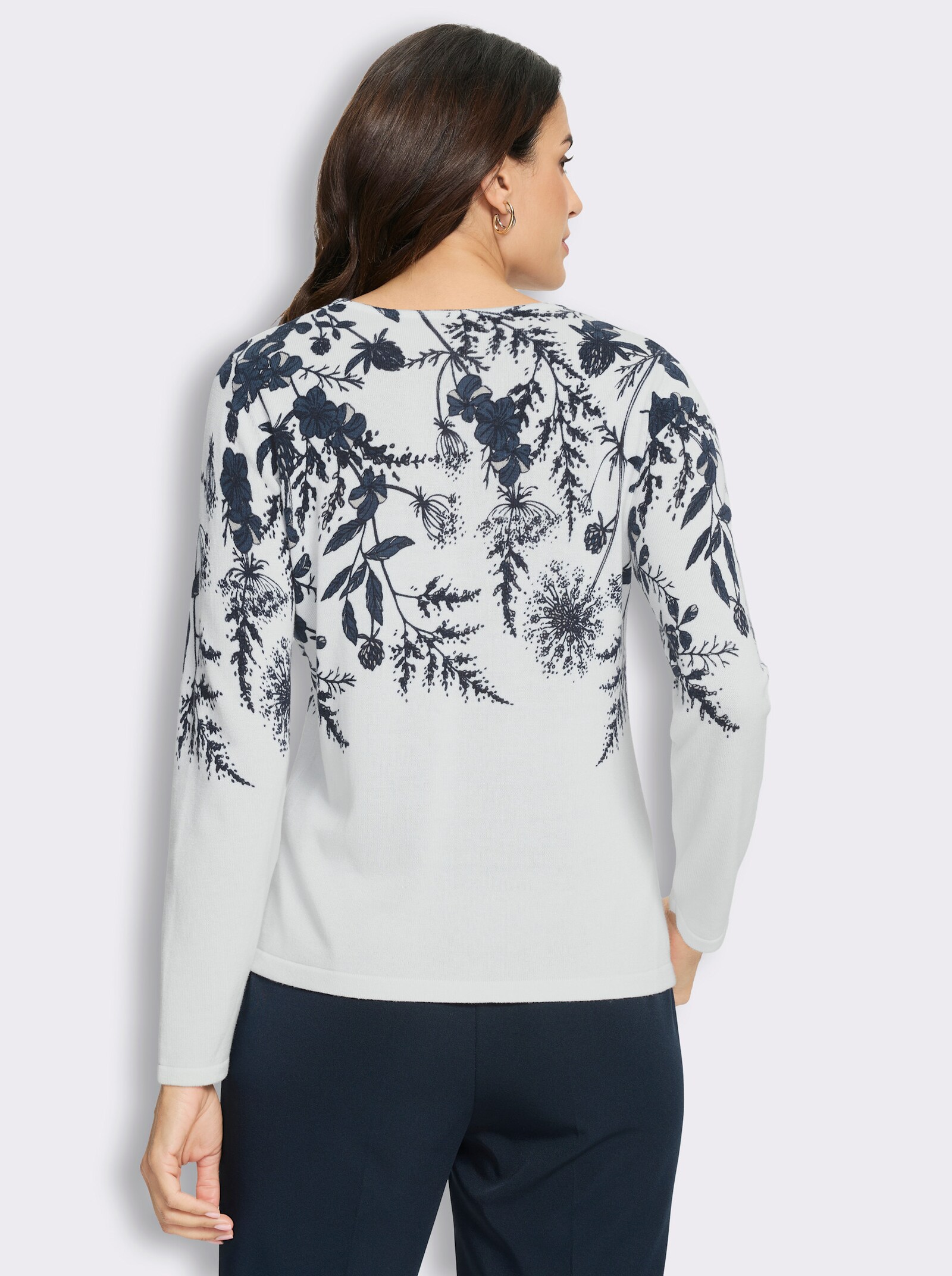 Feinstrickpullover mit platziertem Print - ecru-rauchblau-bedruckt