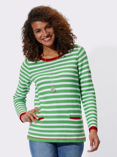 Pullover mit Kontrast-Details, geringelt - apfel-weiß-gestreift