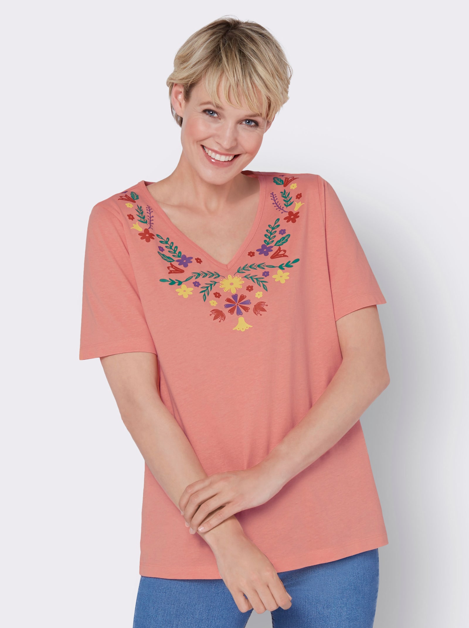 Shirt met V-hals en bloemenprint - flamingo