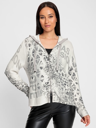 heine Kapuzenstrickjacke mit Kapuze - ecru-hellgrau-bedruckt