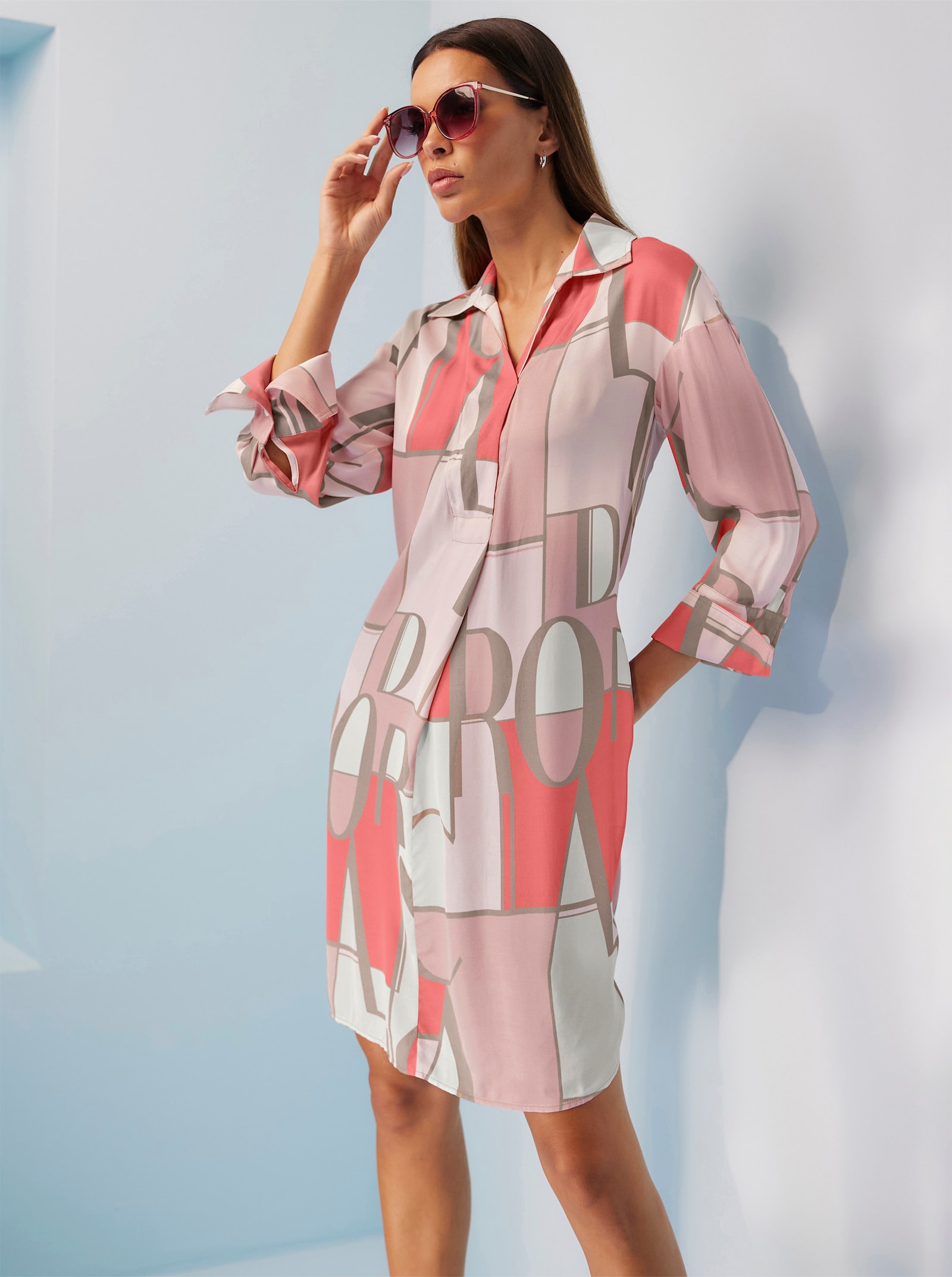 heine Druckkleid mit Hemdkragen - koralle-hellrosé-bedruckt