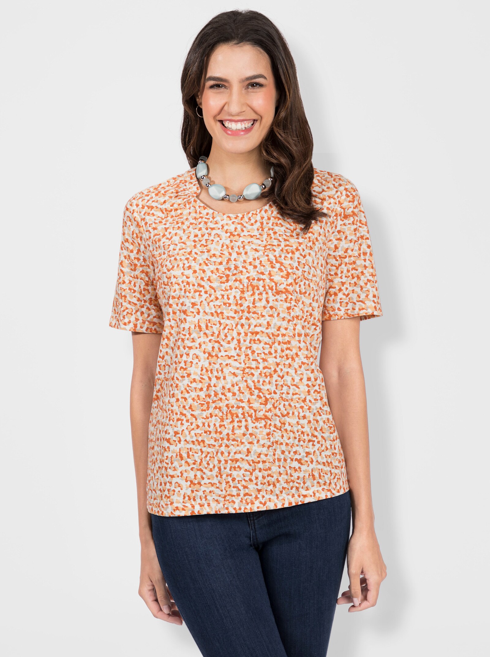 Print-Shirt mit Falten-Verzierung am Ausschnitt - apricot-bedruckt
