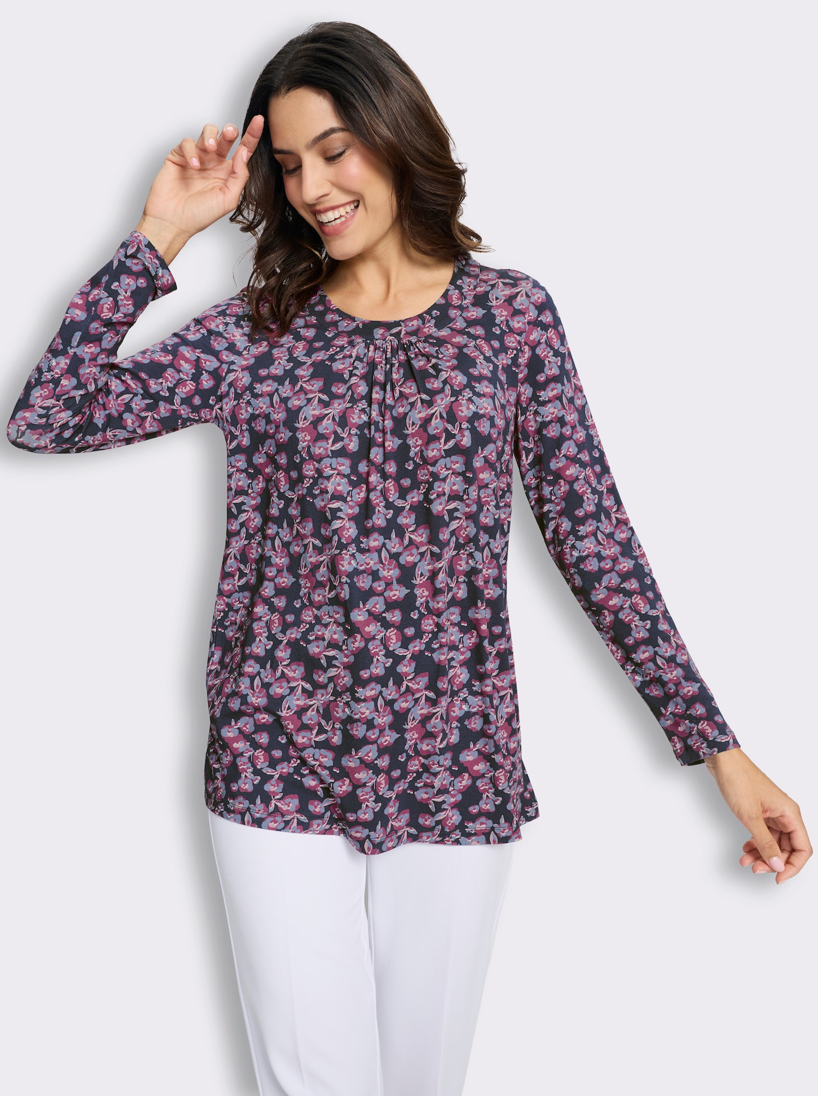 Tunikashirt in A-Linie, mit Blümchen-Dessin - marine-erika-bedruckt