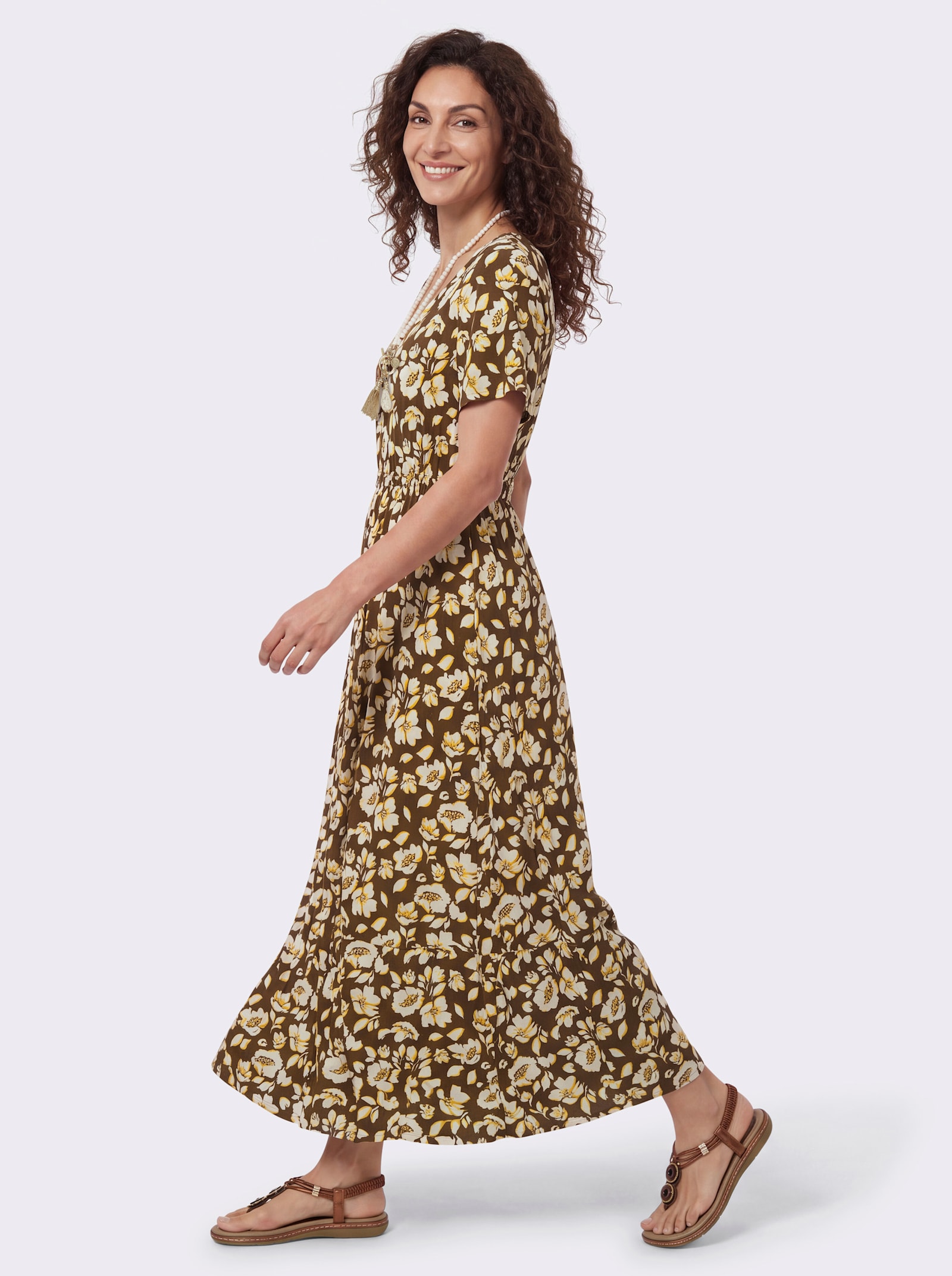 Druckkleid in A-Form - schoko-champagner-bedruckt