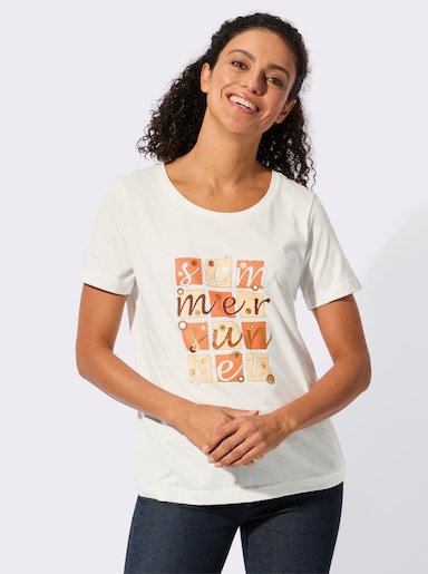 Kurzarmshirt mit glänzendem Druck-Motiv - ecru-papaya