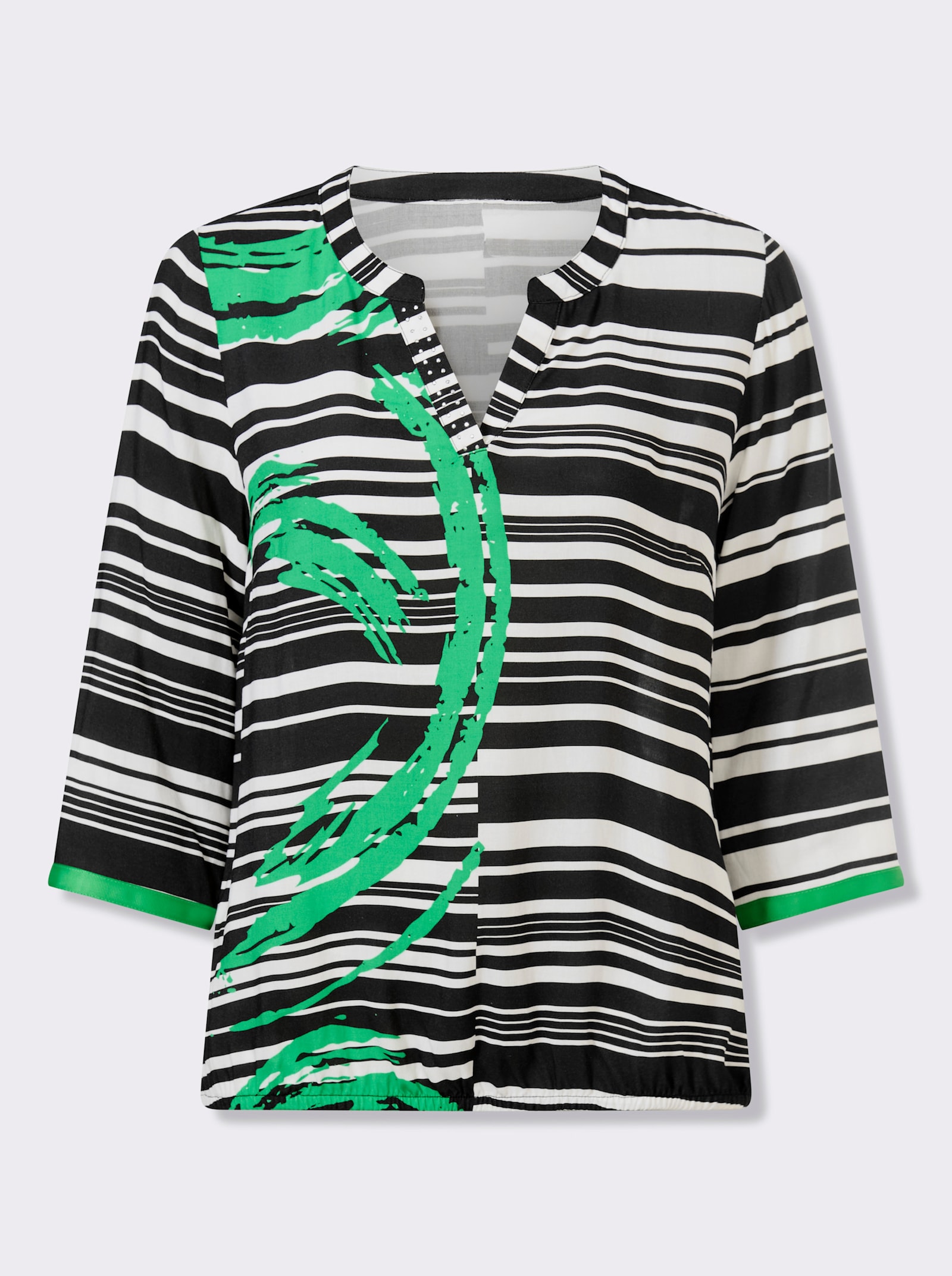 Schlupfbluse mit Gummizug am Saum - weiß-grasgrün-bedruckt