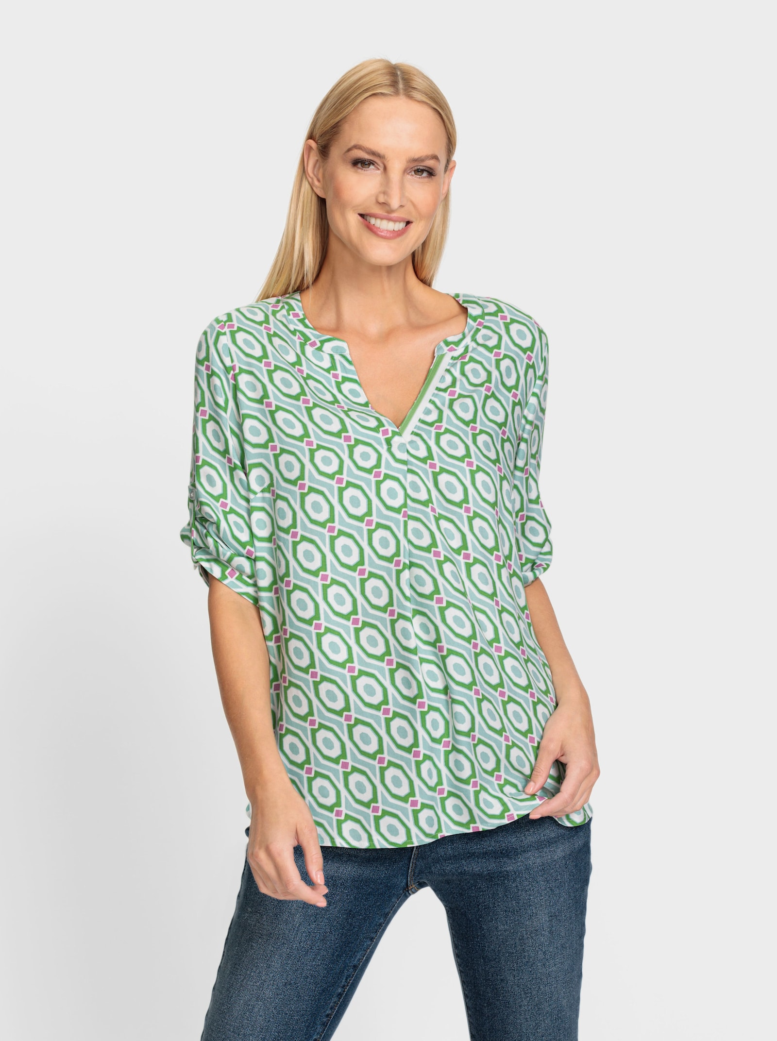 heine Schlupf-Bluse mit Seitenschlitzen - ecru-mint-bedruckt