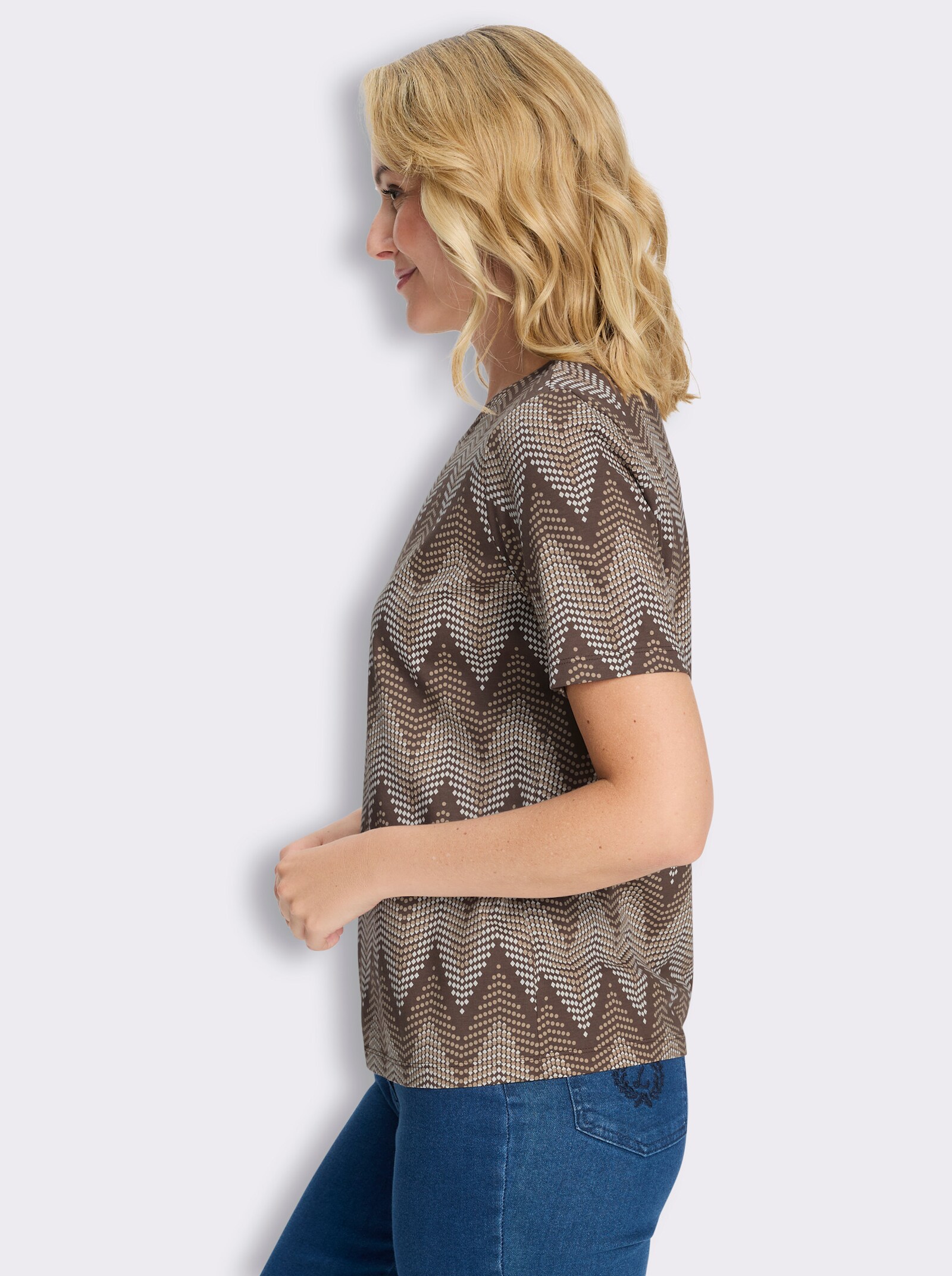 Rundhalsshirt mit Zickzack-Muster - schoko-beige-bedruckt