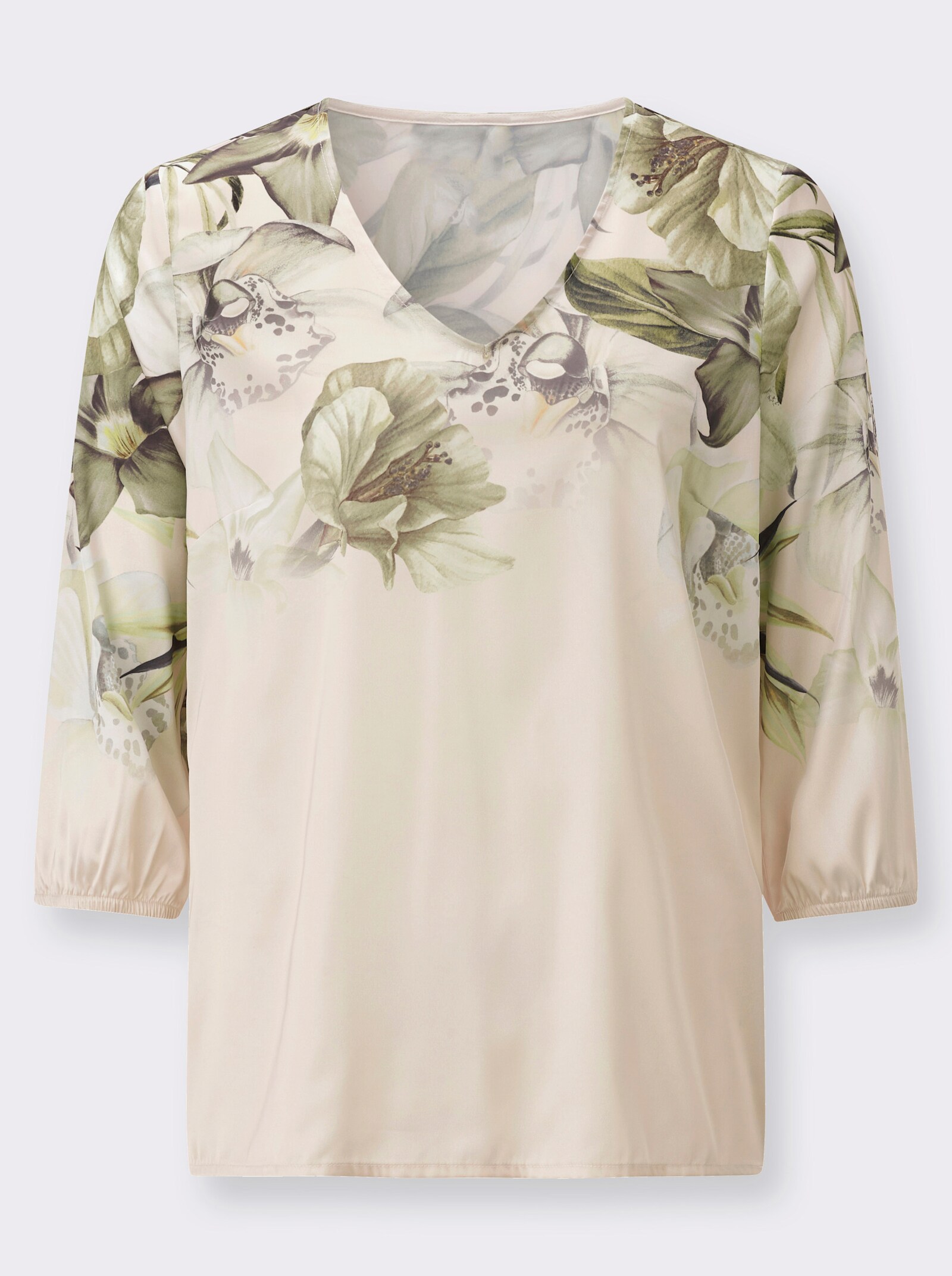 Druckbluse mit elastischem Ärmel-Abschluss - champagner-schilf-bedruckt
