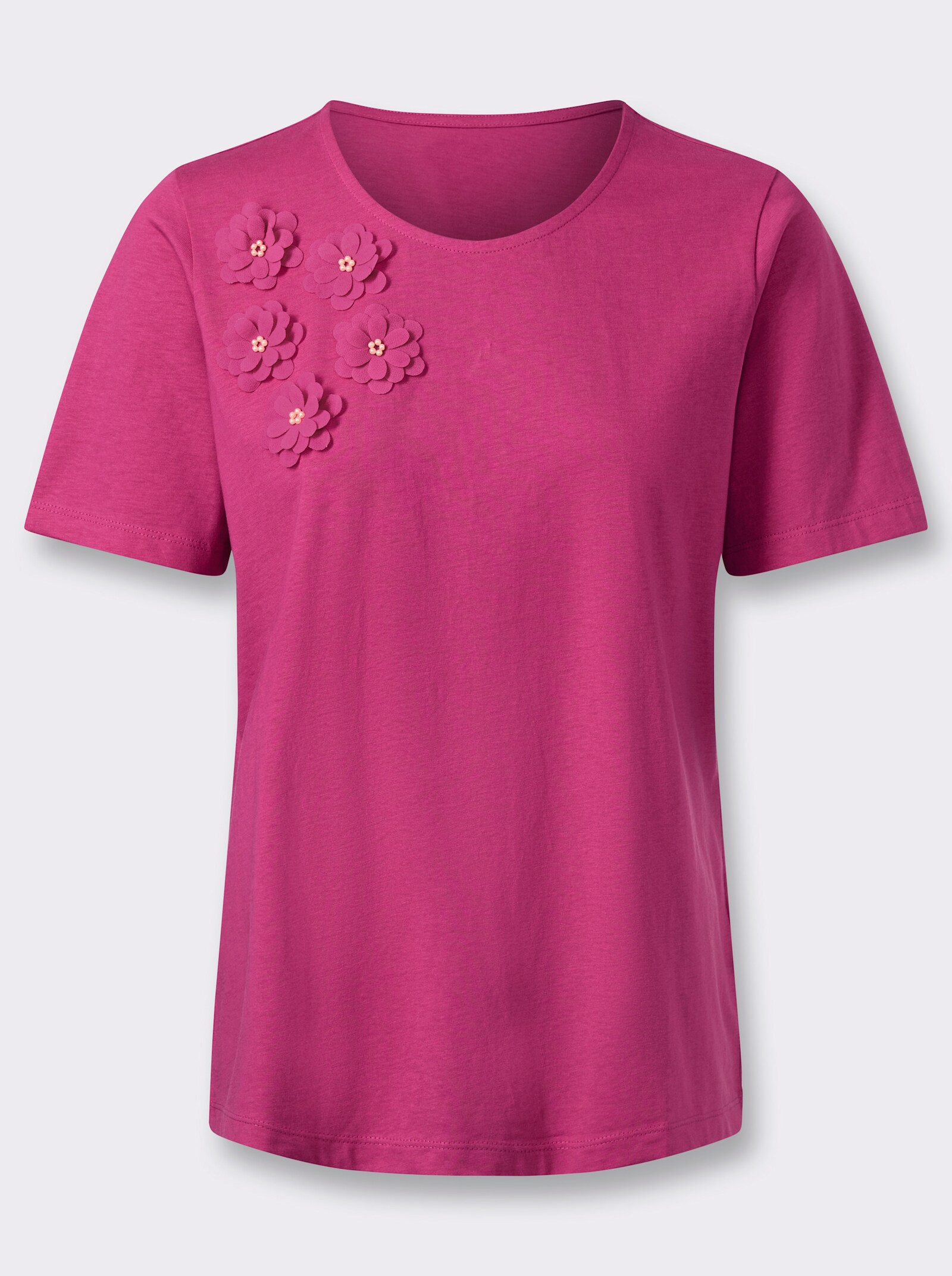 Kurzarmshirt mit Blüten-Applikation - fuchsia