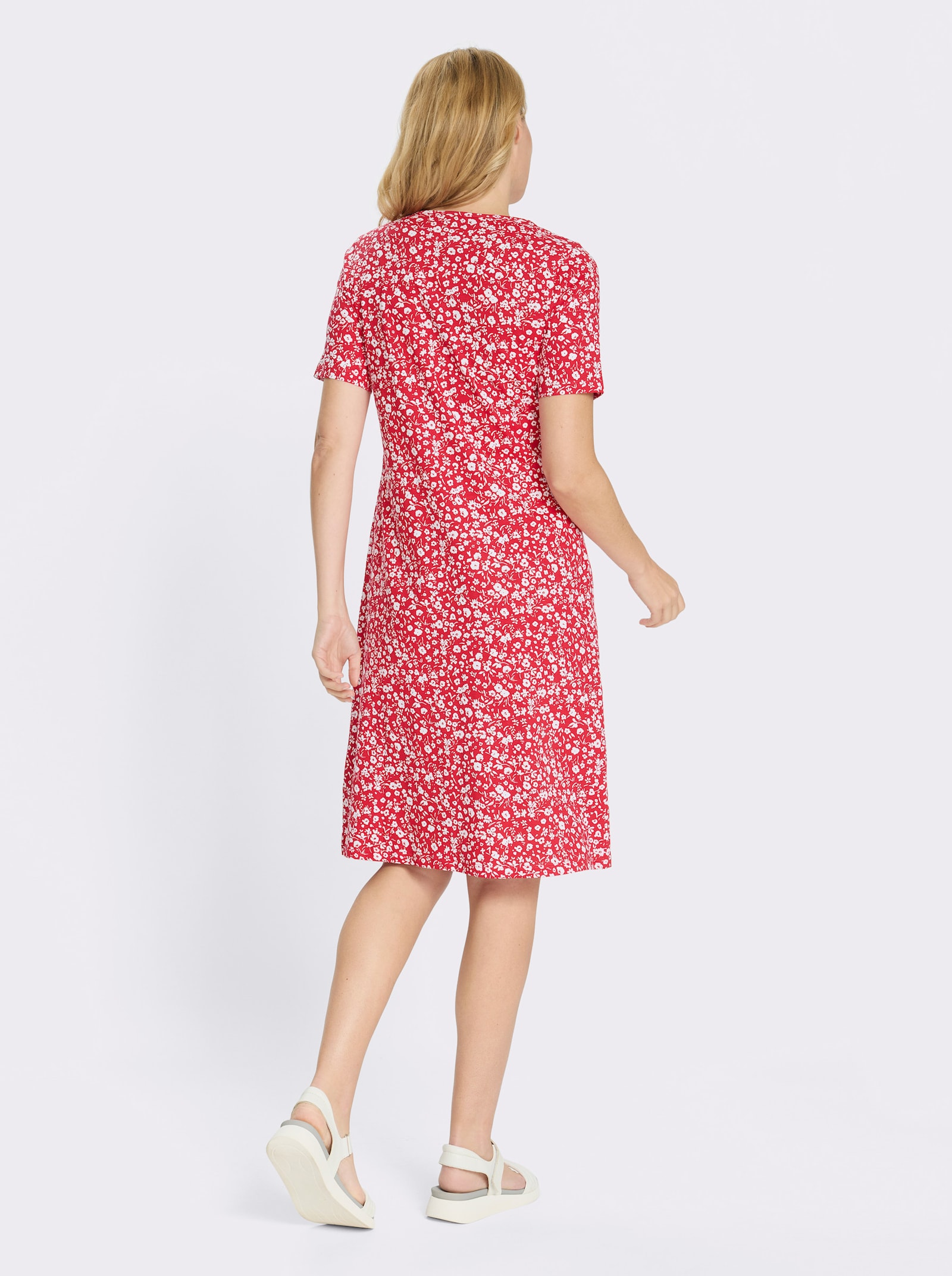 Žerzejové šaty s drobným květinovým vzorem - červená-bílá-potisk