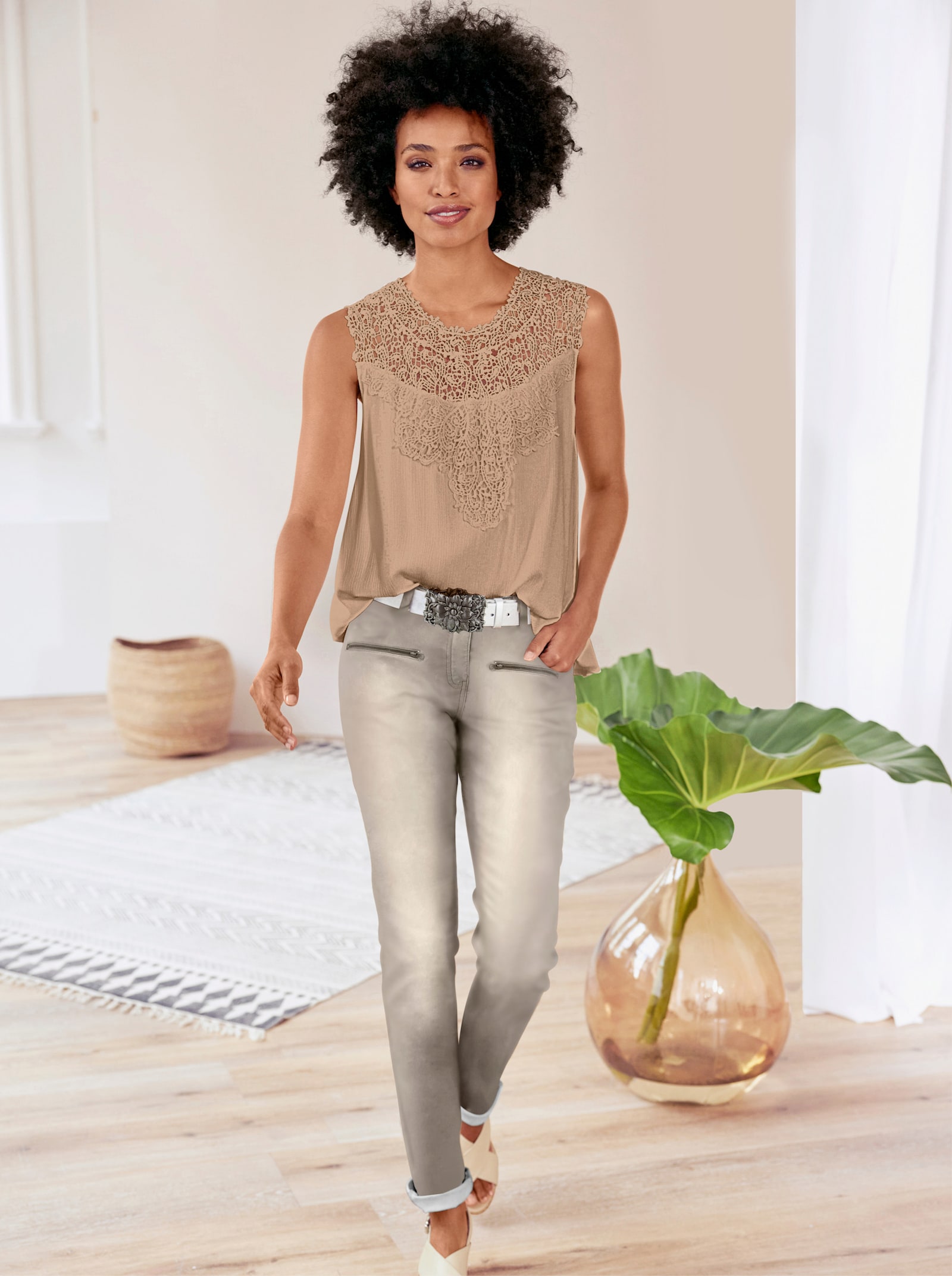 heine Spitzentop in Crinkle-Optik - sesam