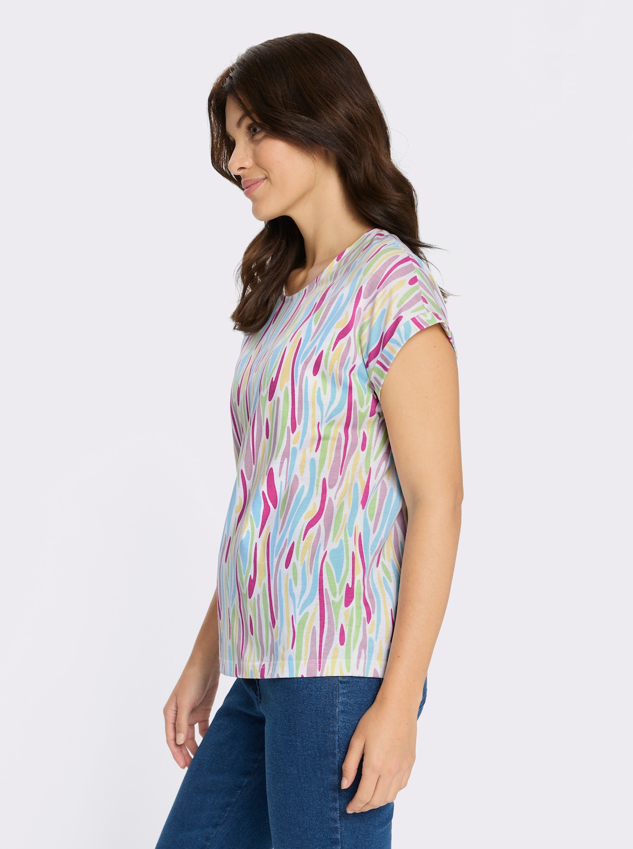 Kurzarmshirt mit Ärmelaufschlag - fuchsia-aquamarin-bedruckt