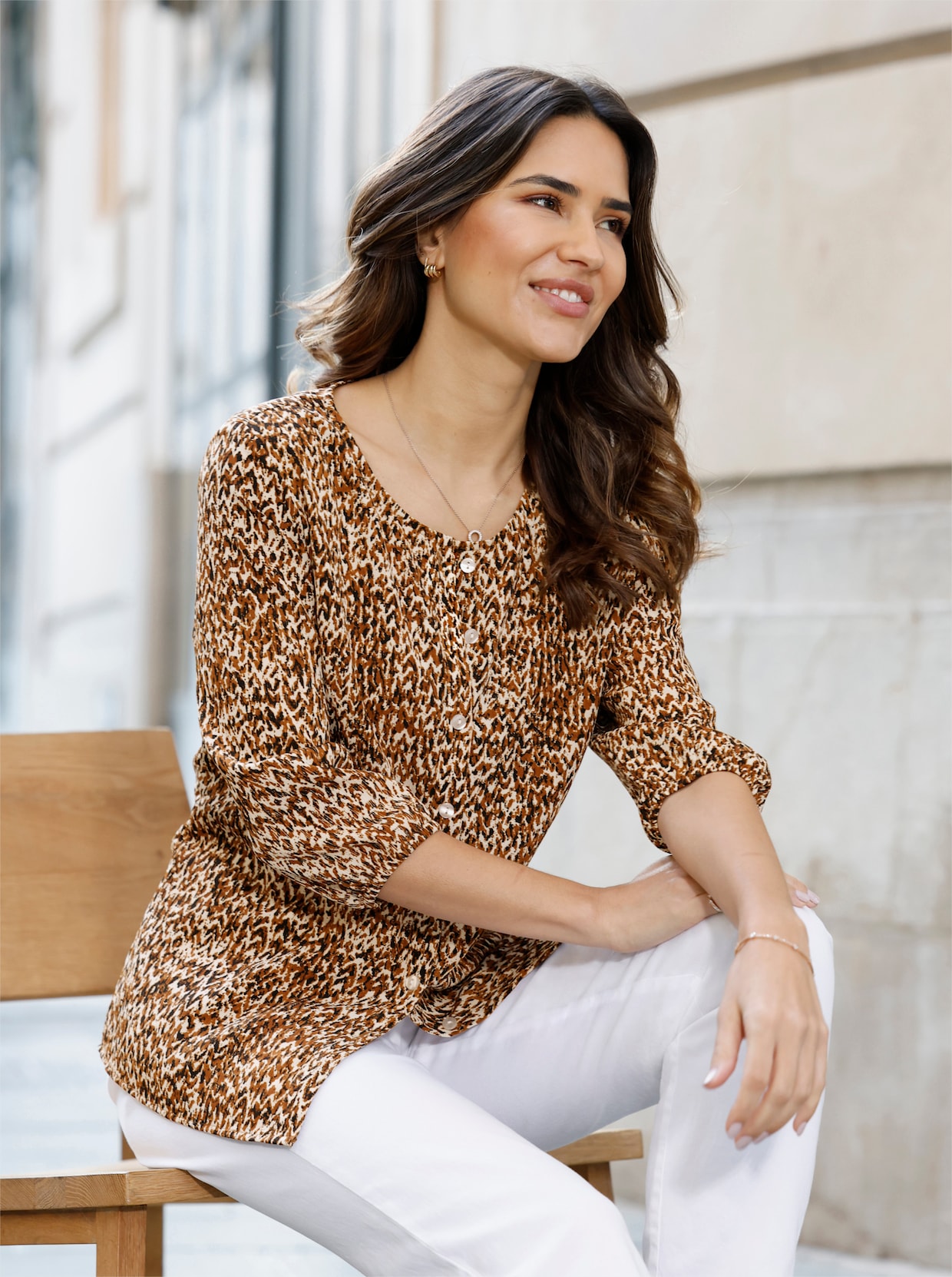 Druckbluse in Crinkle-Qualität - cognac-schwarz-bedruckt