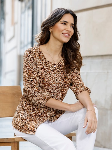 Druckbluse in Crinkle-Qualität - cognac-schwarz-bedruckt