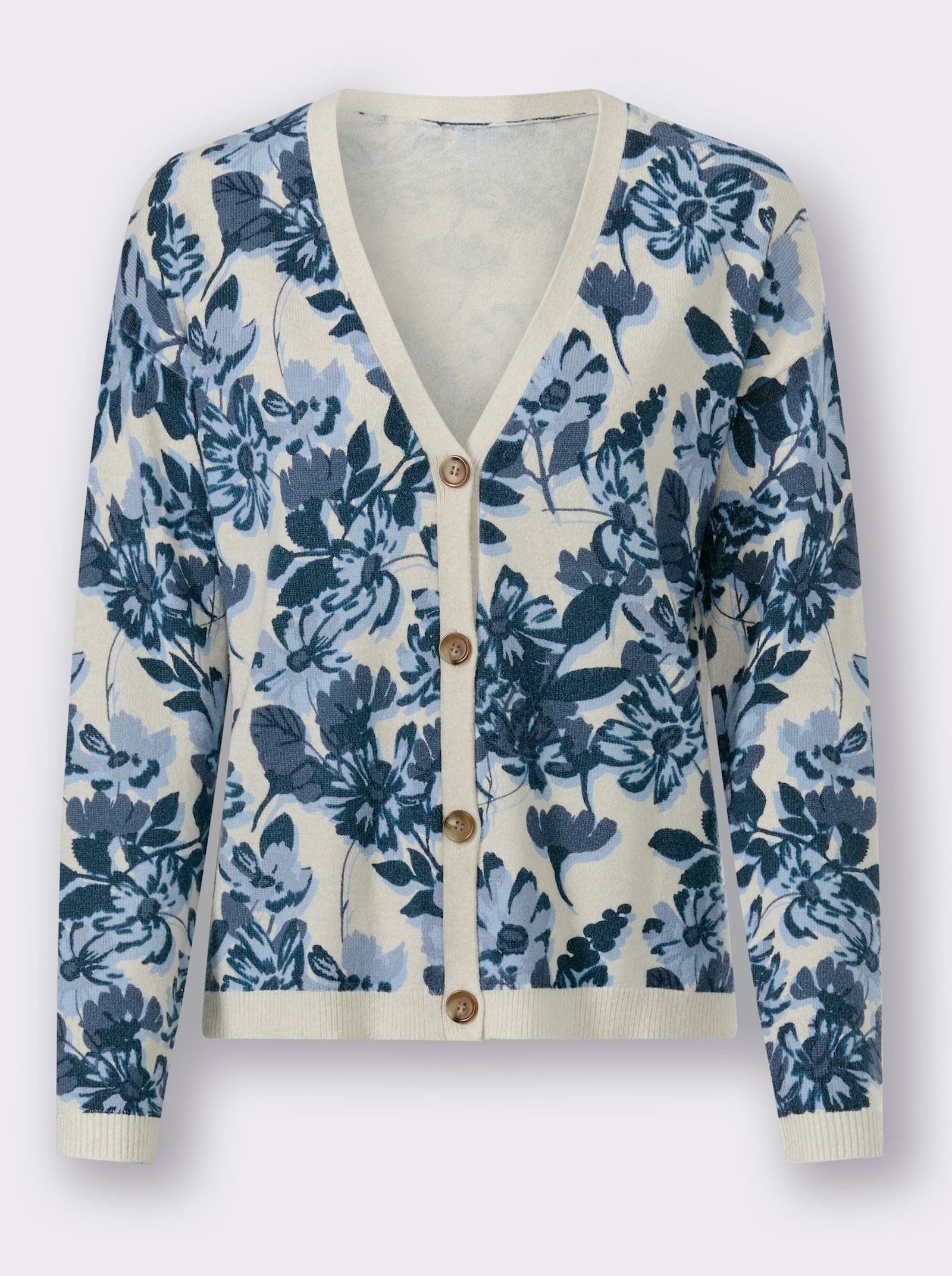 heine Strickjacke mit Floral-Print - sand-rauchblau-bedruckt