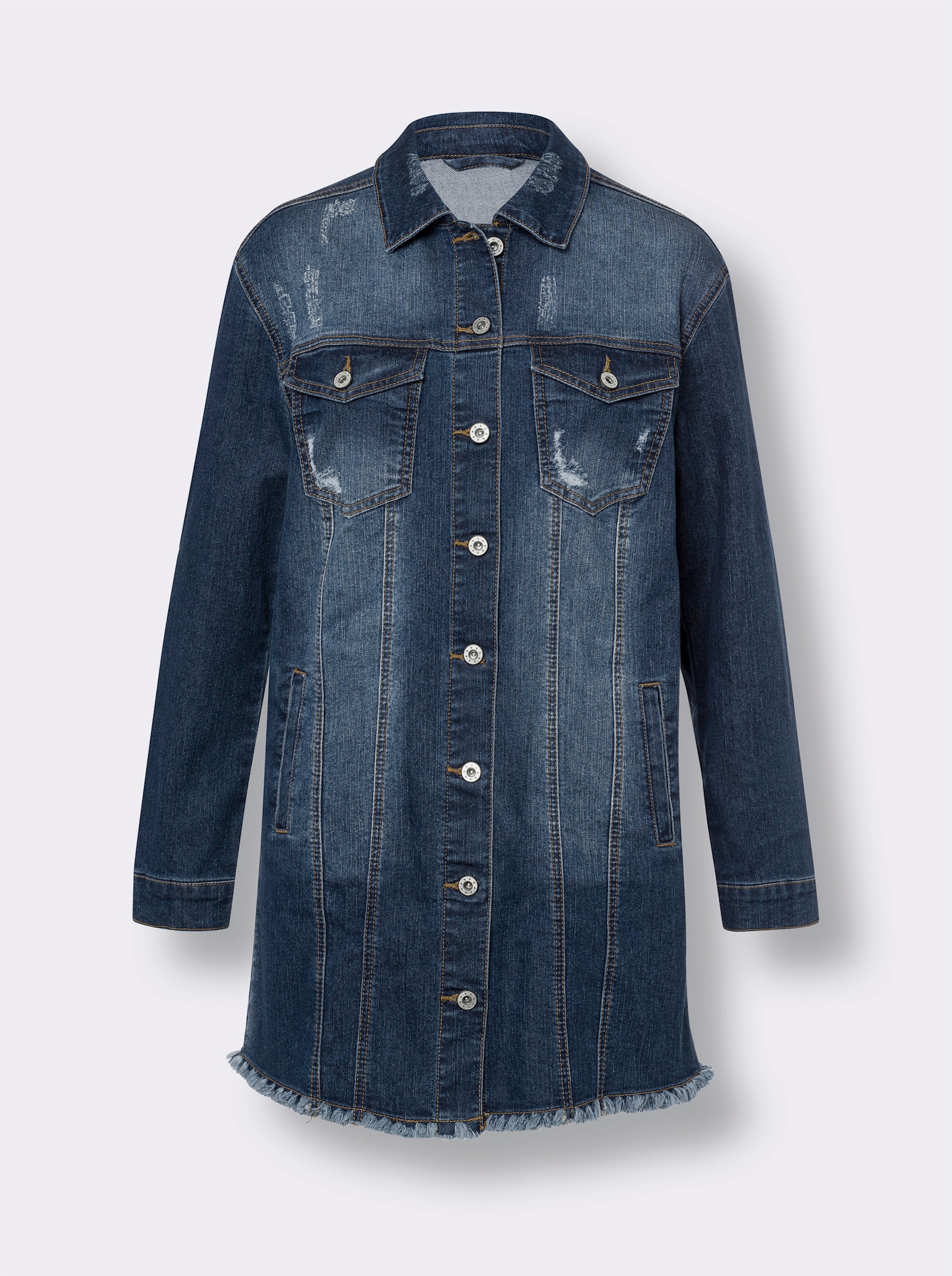 heine Jeansjacke mit Fransen-Kante, Longform - blue-stone-washed