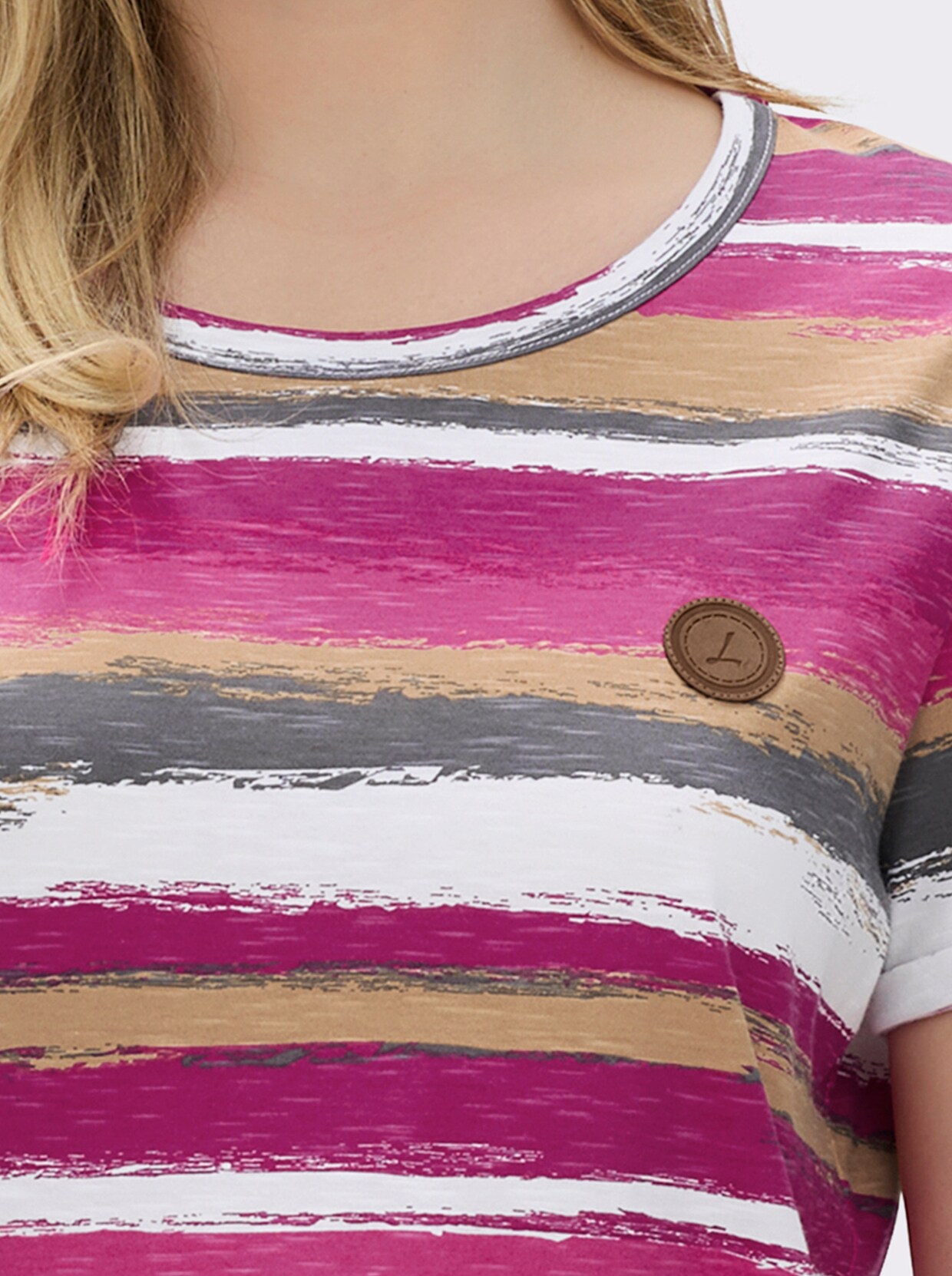 Streifenshirt mit Lederimitat-Details - magenta-camel-bedruckt