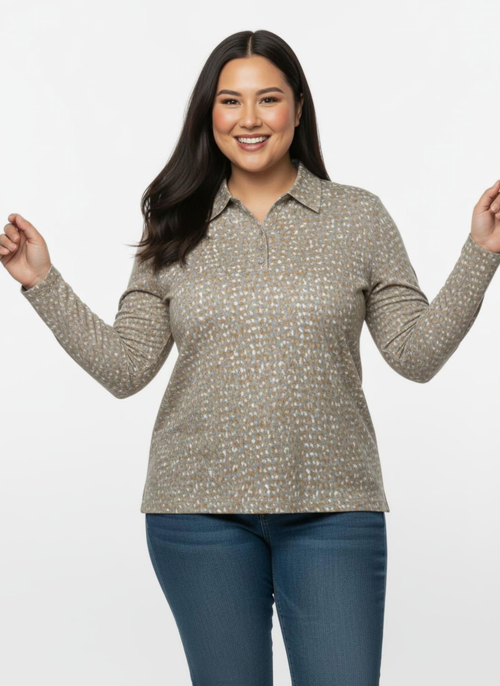 Poloshirt mit Knopfleiste - camel-steingrau-bedruckt