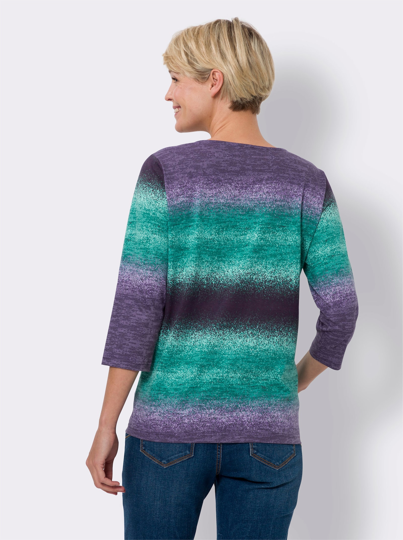 Tričko s 3/4 rukávem a odstupňováním barev - modrozel.-fíková-potisk