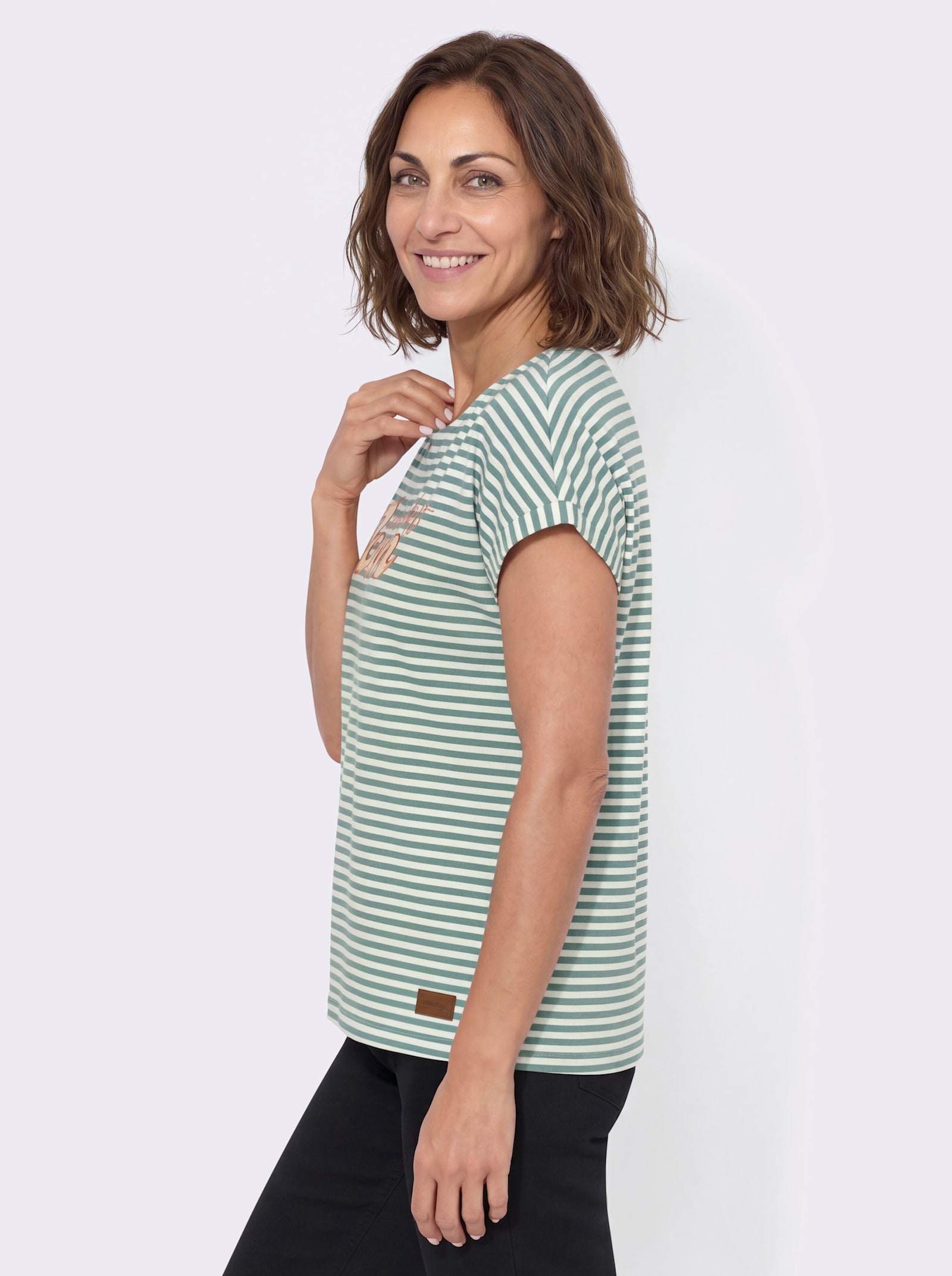 Ringelshirt mit Frontdruck - jade-ecru-geringelt