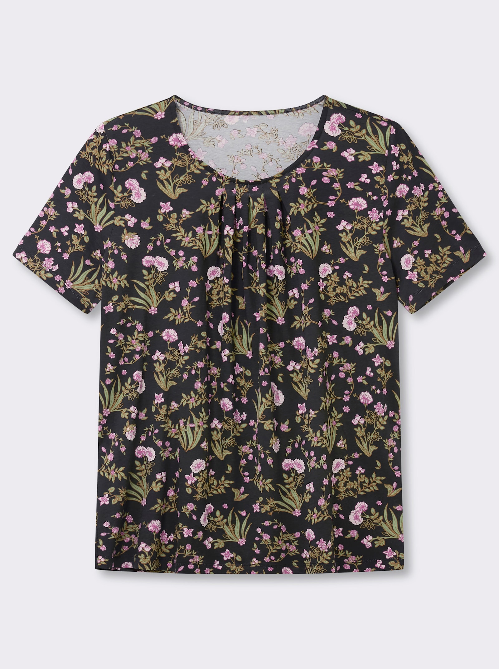Kurzarmshirt mit Blümchenmuster - schwarz-rosé-bedruckt