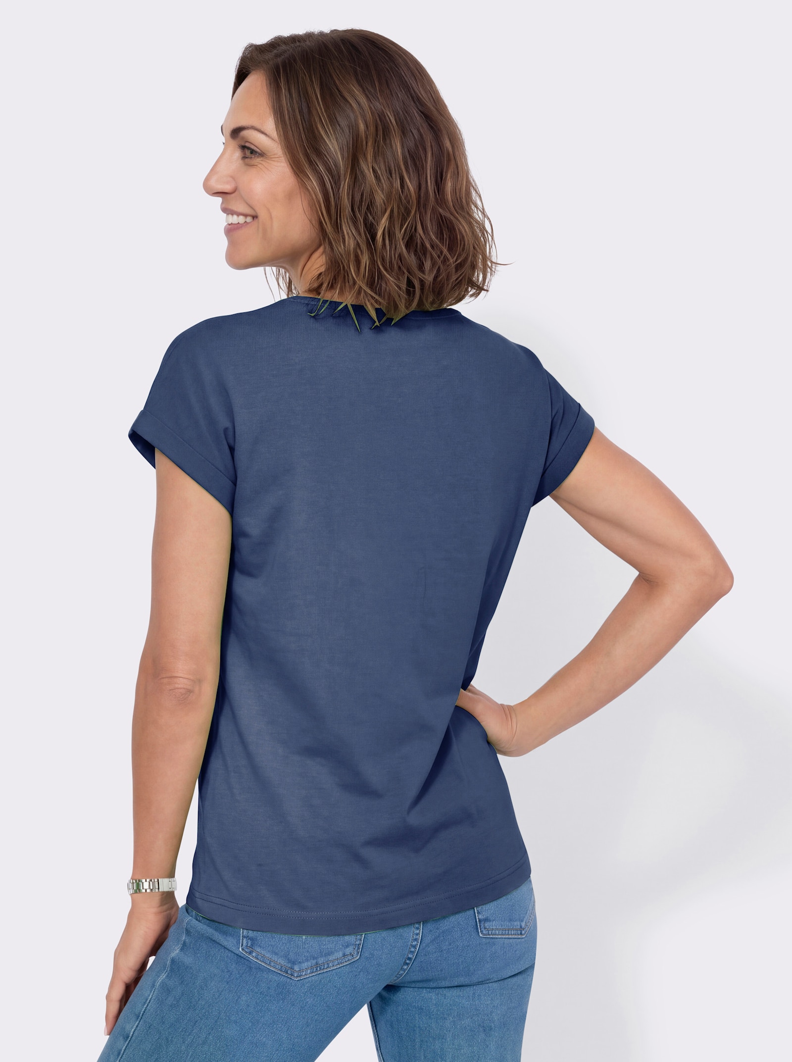 Rundhalsshirt mit platziertem Druck - jeansblau-apfel