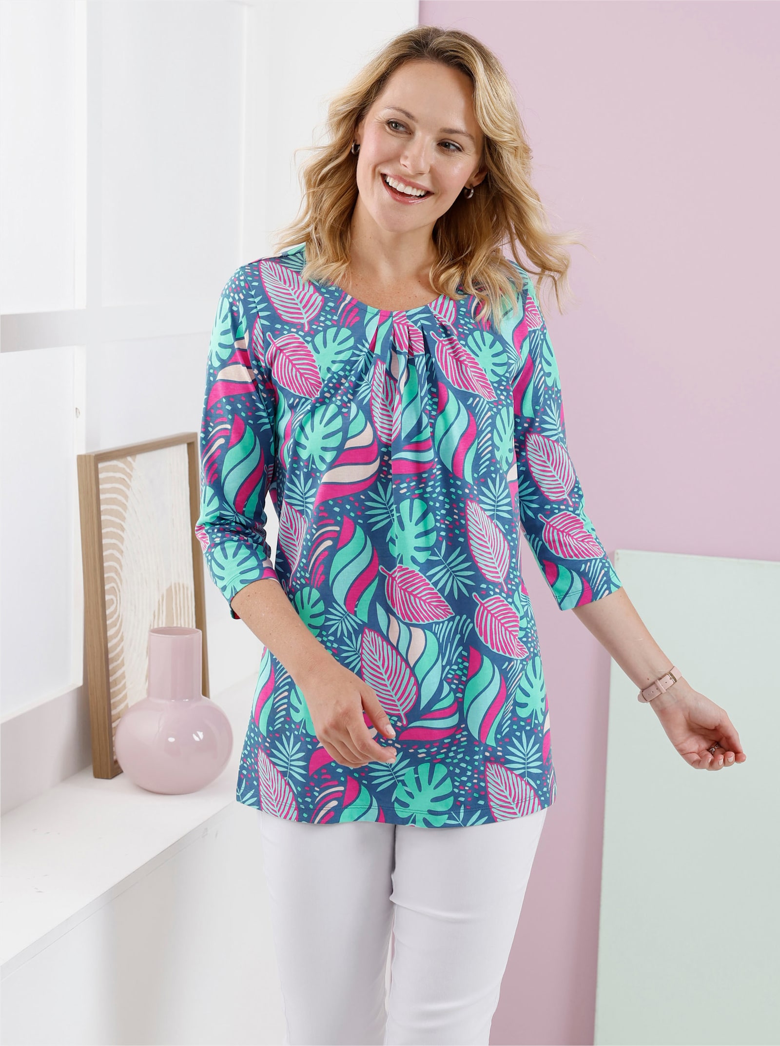 Longshirt in ausgestellter A-Linie - jeansblau-fuchsia-bedruckt