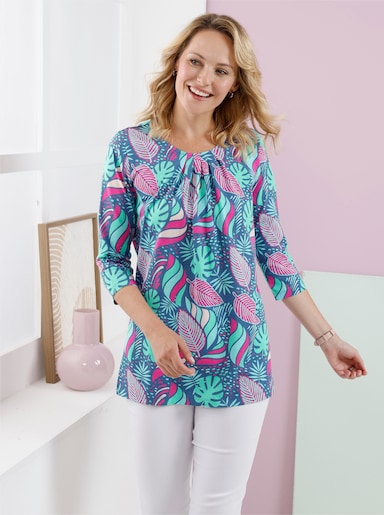 Longshirt in ausgestellter A-Linie - jeansblau-fuchsia-bedruckt