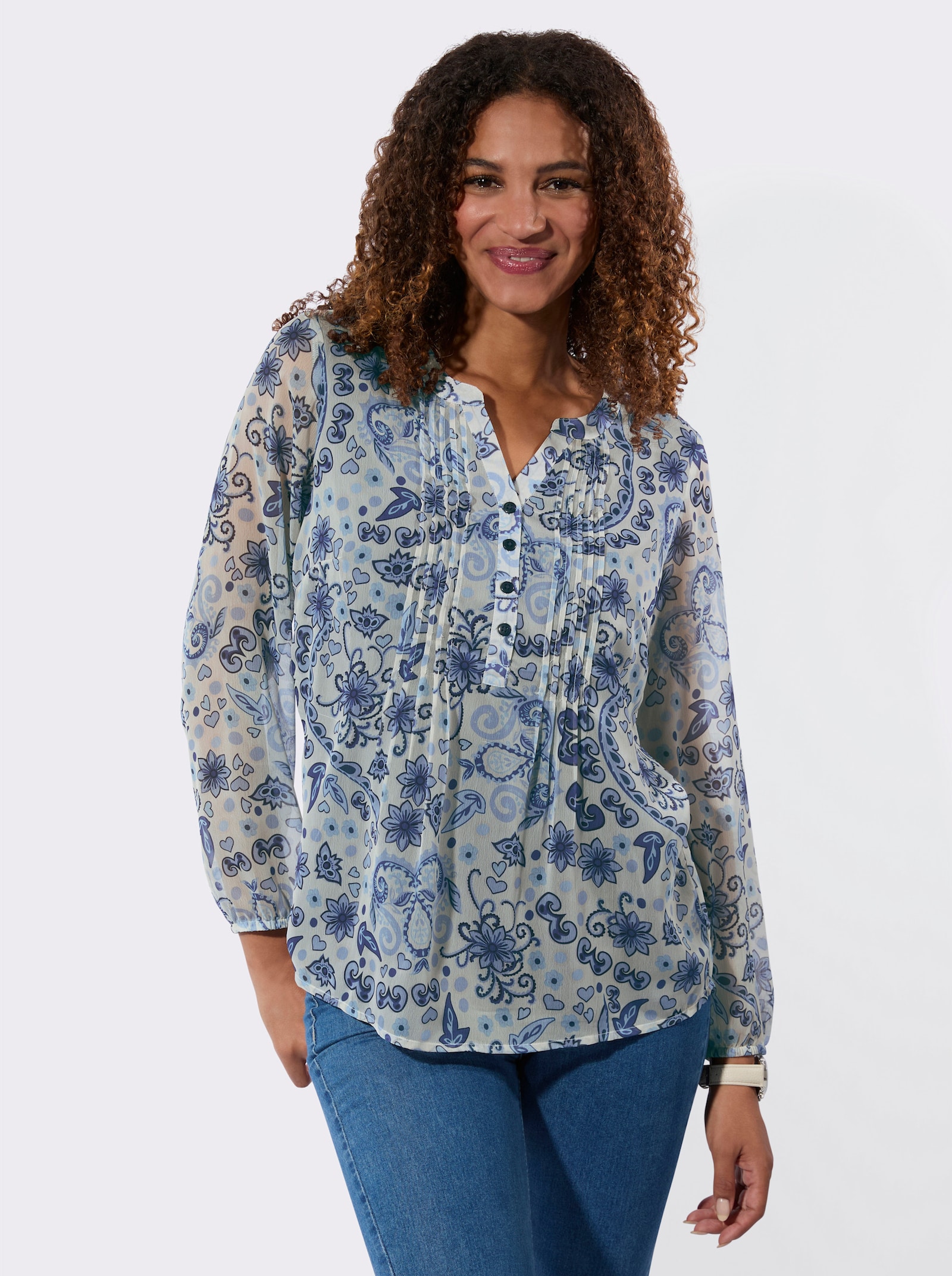 Schlupfbluse mit transparenten Ärmeln - champagner-royalblau-bedruckt