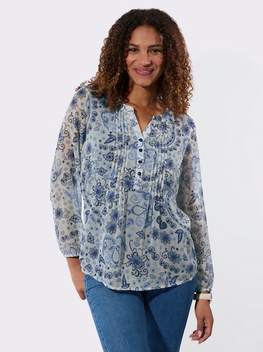 Schlupfbluse mit transparenten Ärmeln - champagner-royalblau-bedruckt