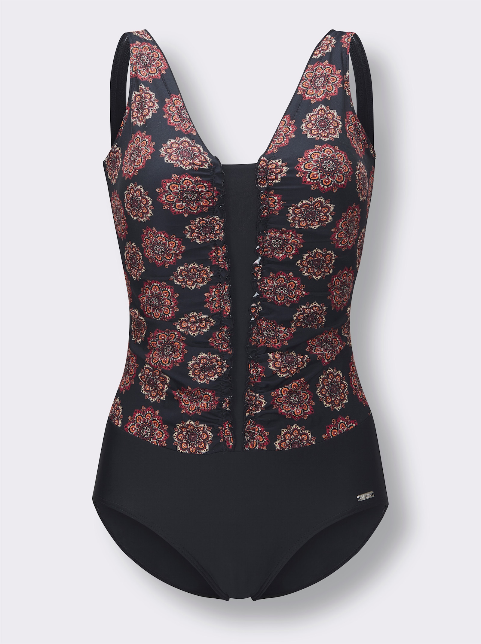 feel good Badeanzug mit Raffung im Vorderteil - schwarz-rot-bedruckt