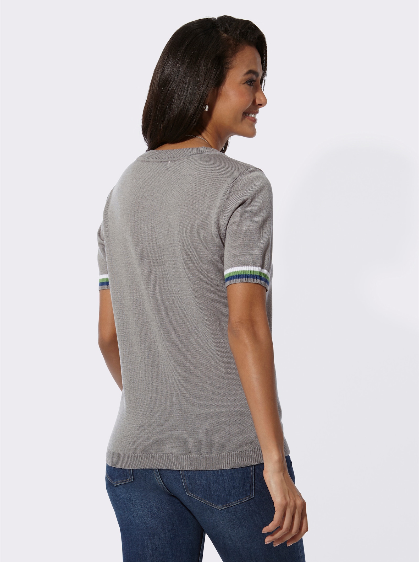 Rundhalspullover mit platzierten Streifen - steingrau-weiß-geringelt