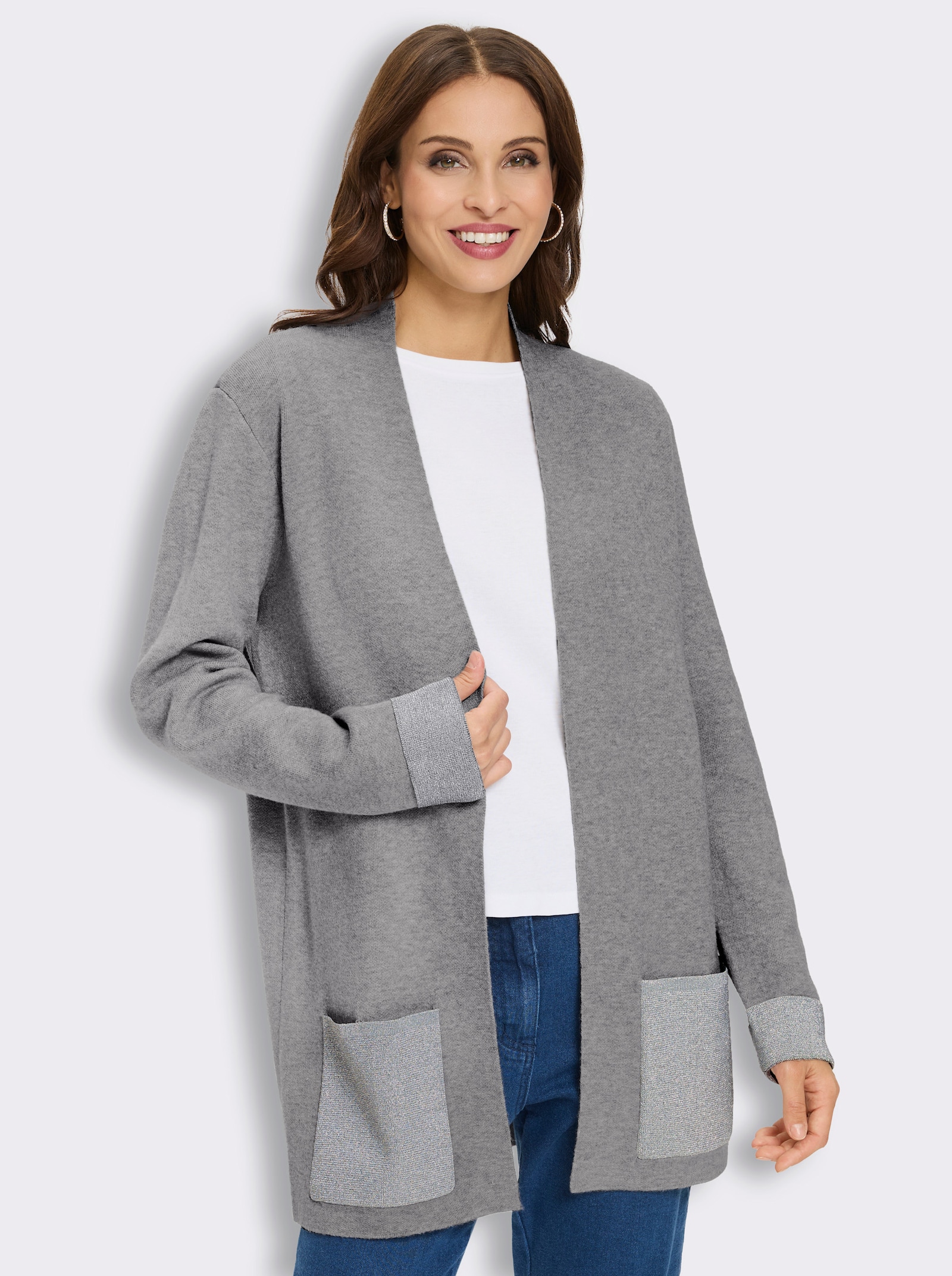 Longstrickjacke mit Glanzgarn-Details - steingrau-meliert